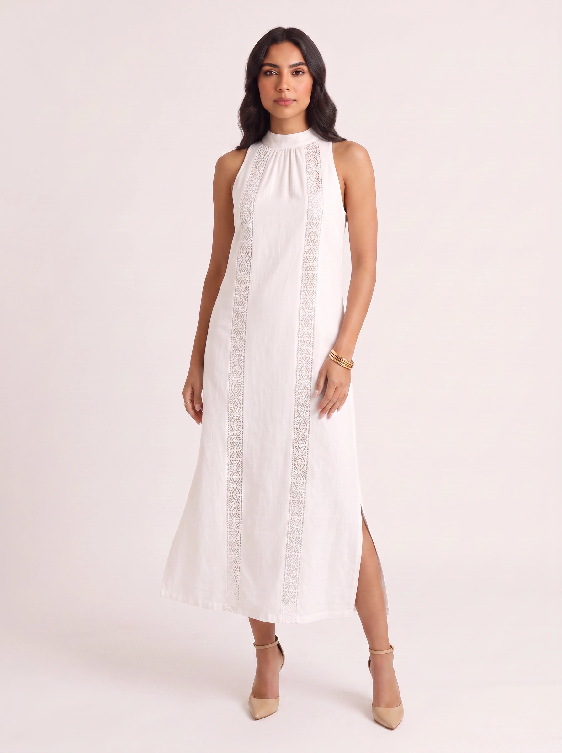 Trimare Lace Panel Halter Midi Dress – Lace Sundress Women Boho Beach Vacation Resort Casual Midi Dress