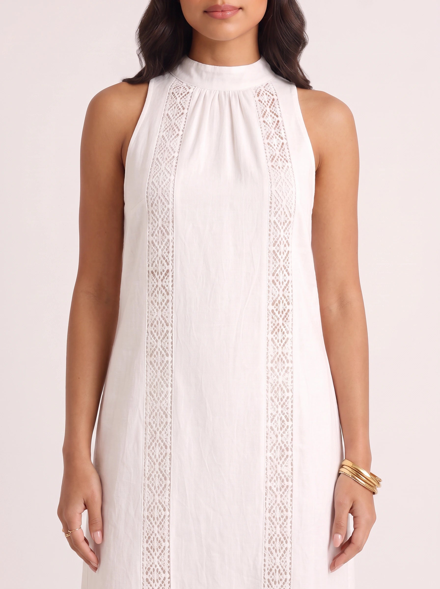 Trimare Lace Panel Halter Midi Dress – Lace Sundress Women Boho Beach Vacation Resort Casual Midi Dress