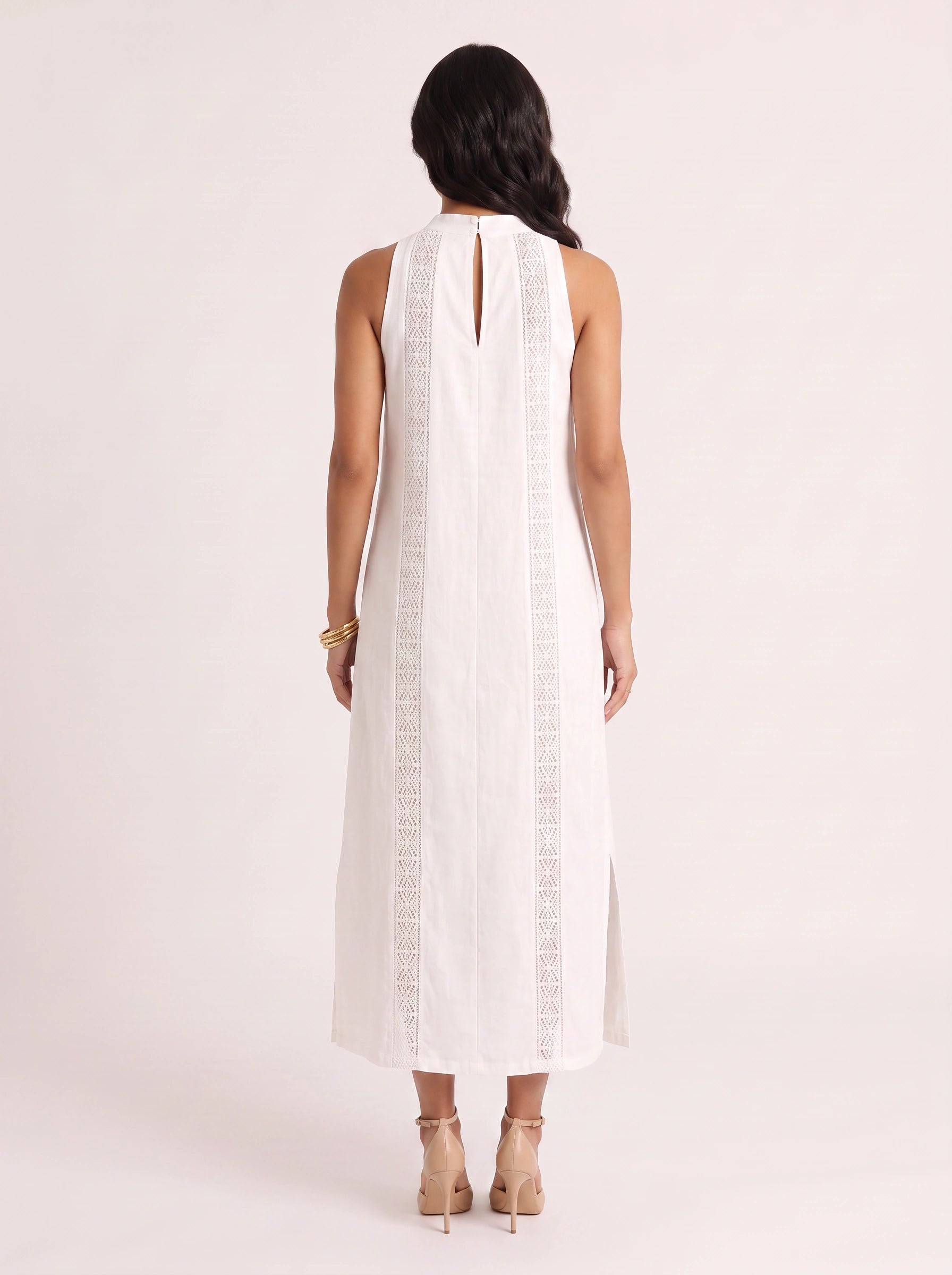 Trimare Lace Panel Halter Midi Dress – Lace Sundress Women Boho Beach Vacation Resort Casual Midi Dress