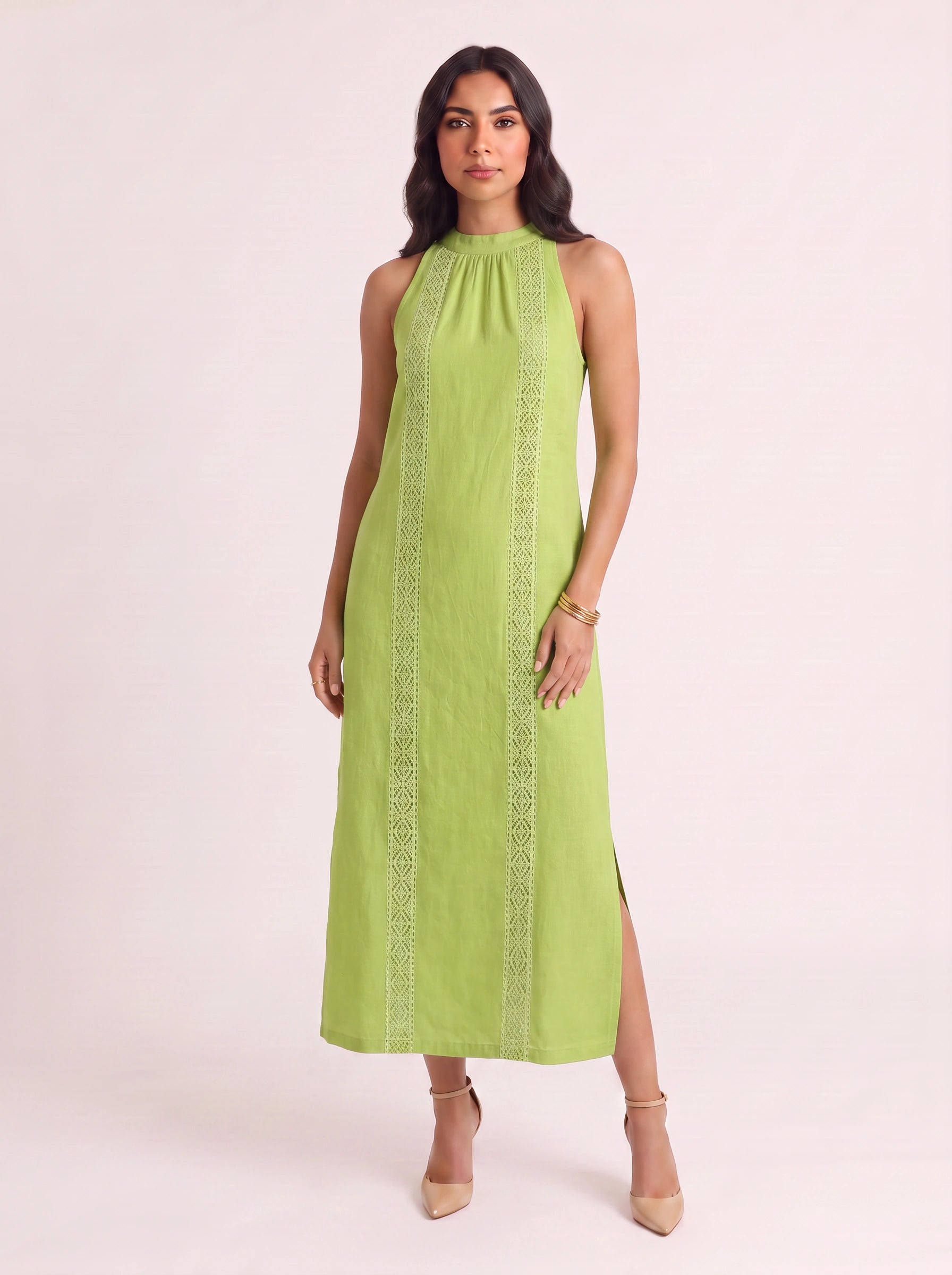 Trimare Lace Panel Halter Midi Dress – Lace Sundress Women Boho Beach Vacation Resort Casual Midi Dress