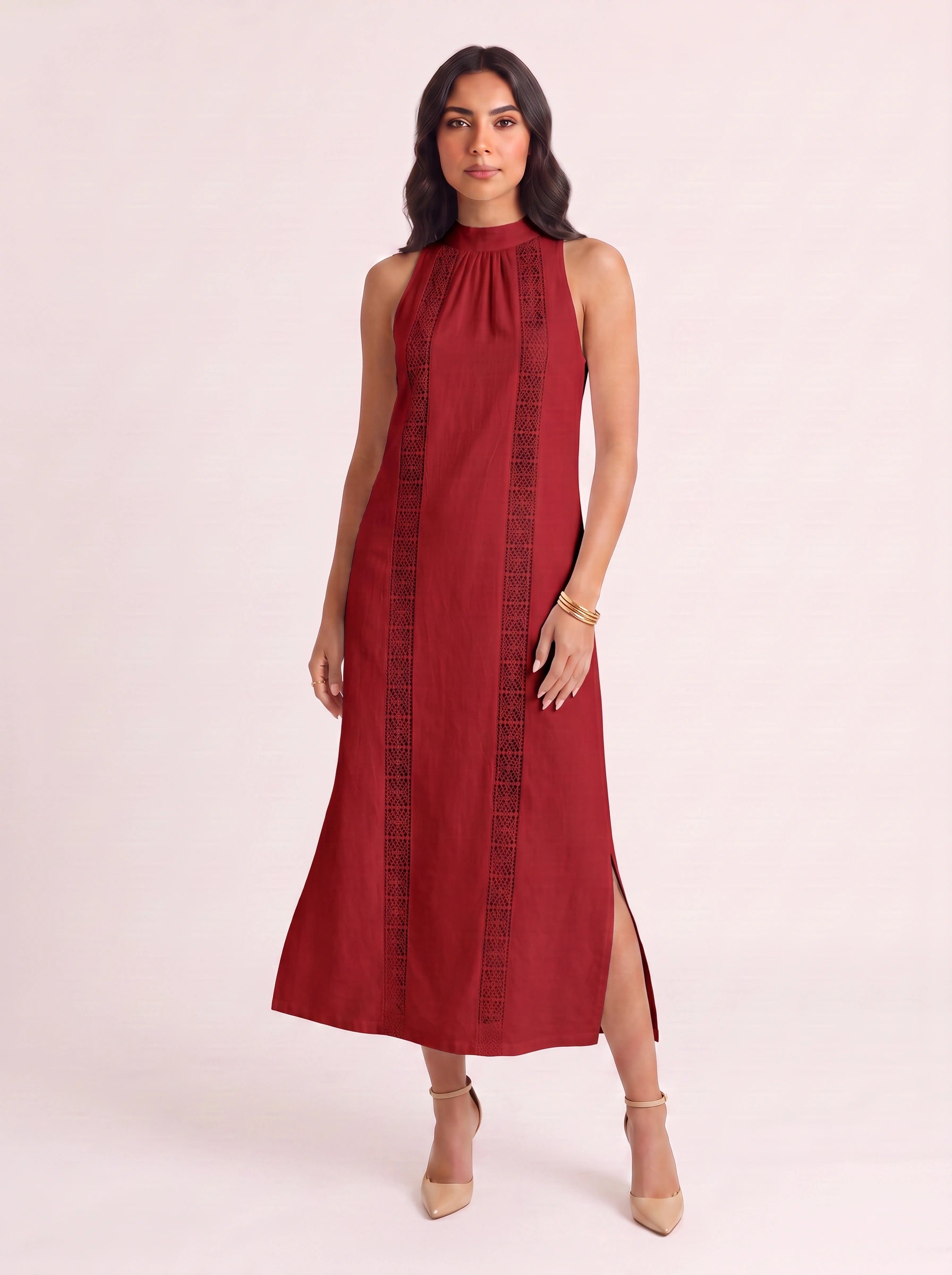 Trimare Lace Panel Halter Midi Dress – Lace Sundress Women Boho Beach Vacation Resort Casual Midi Dress