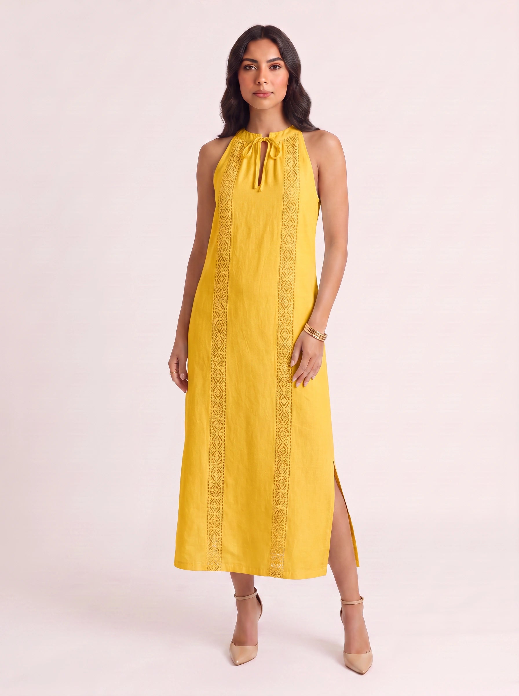 Trimare Lace Panel Halter Midi Dress – Lace Sundress Women Boho Beach Vacation Resort Casual Midi Dress