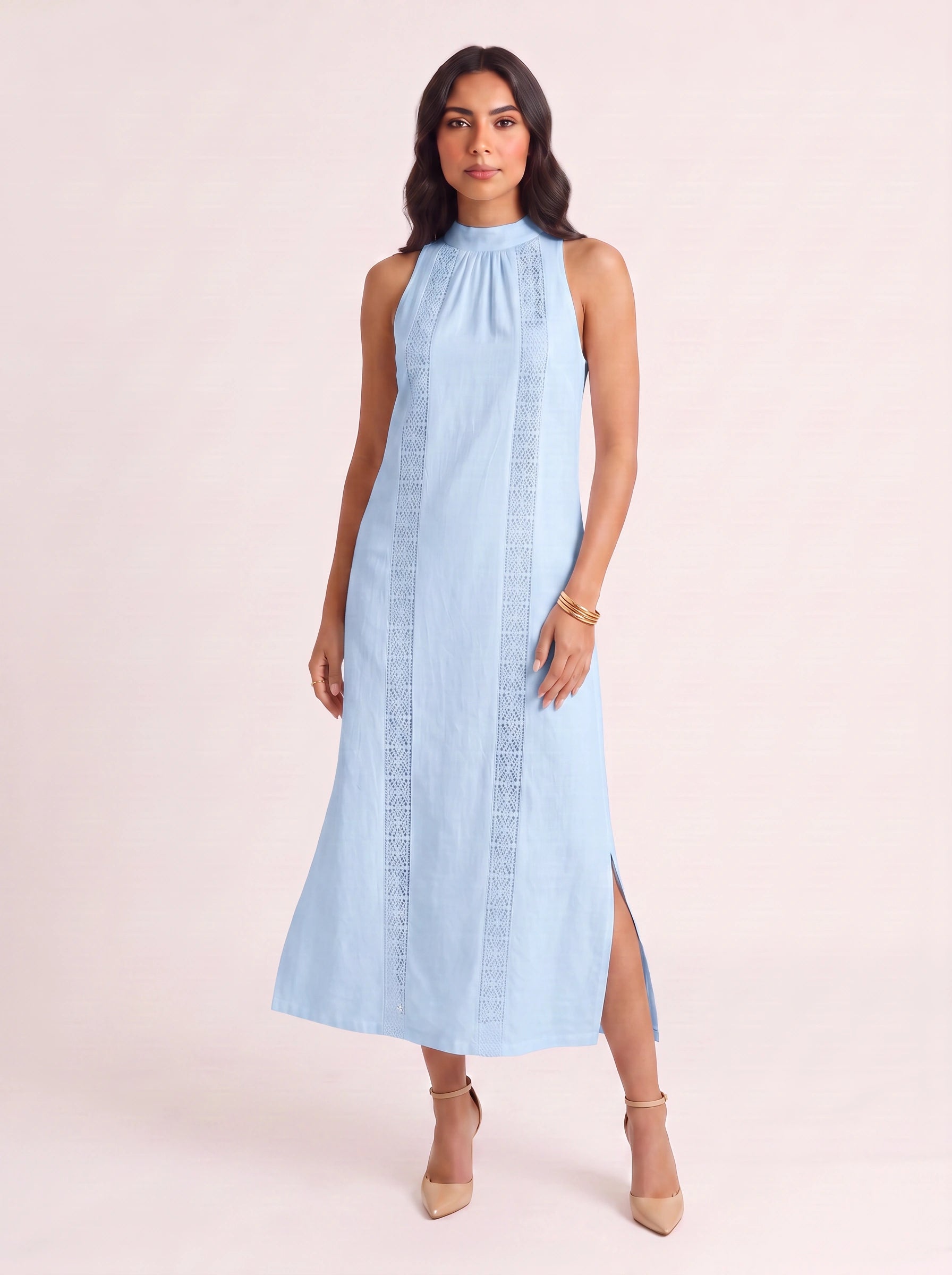 Trimare Lace Panel Halter Midi Dress – Lace Sundress Women Boho Beach Vacation Resort Casual Midi Dress