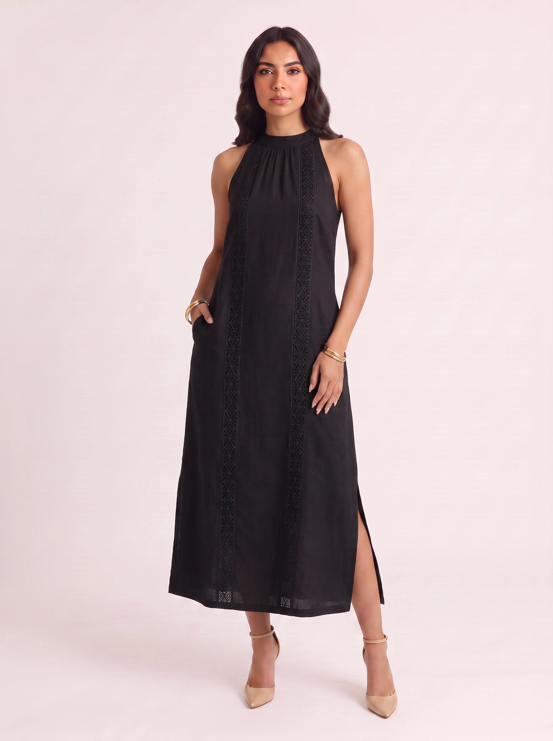 Trimare Lace Panel Halter Midi Dress – Lace Sundress Women Boho Beach Vacation Resort Casual Midi Dress