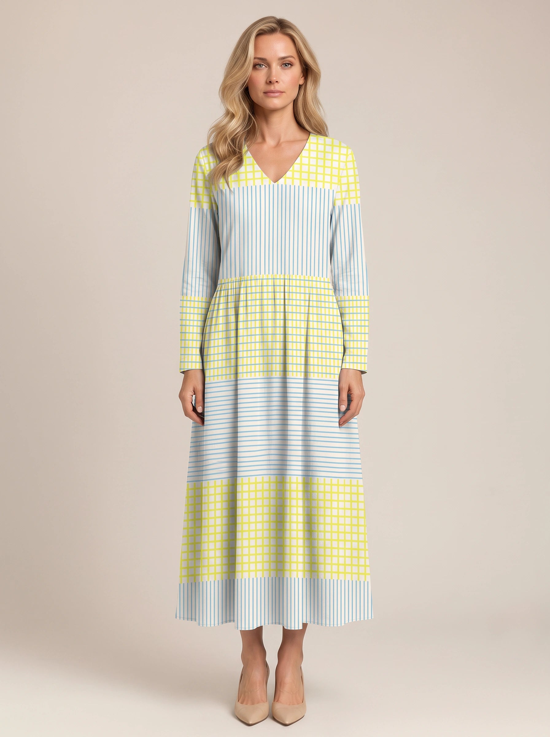 Rigatto V-Neck Striped Midi Dress – Summer Dresses Women Casual Sundresses Linen Blend Midi Dress