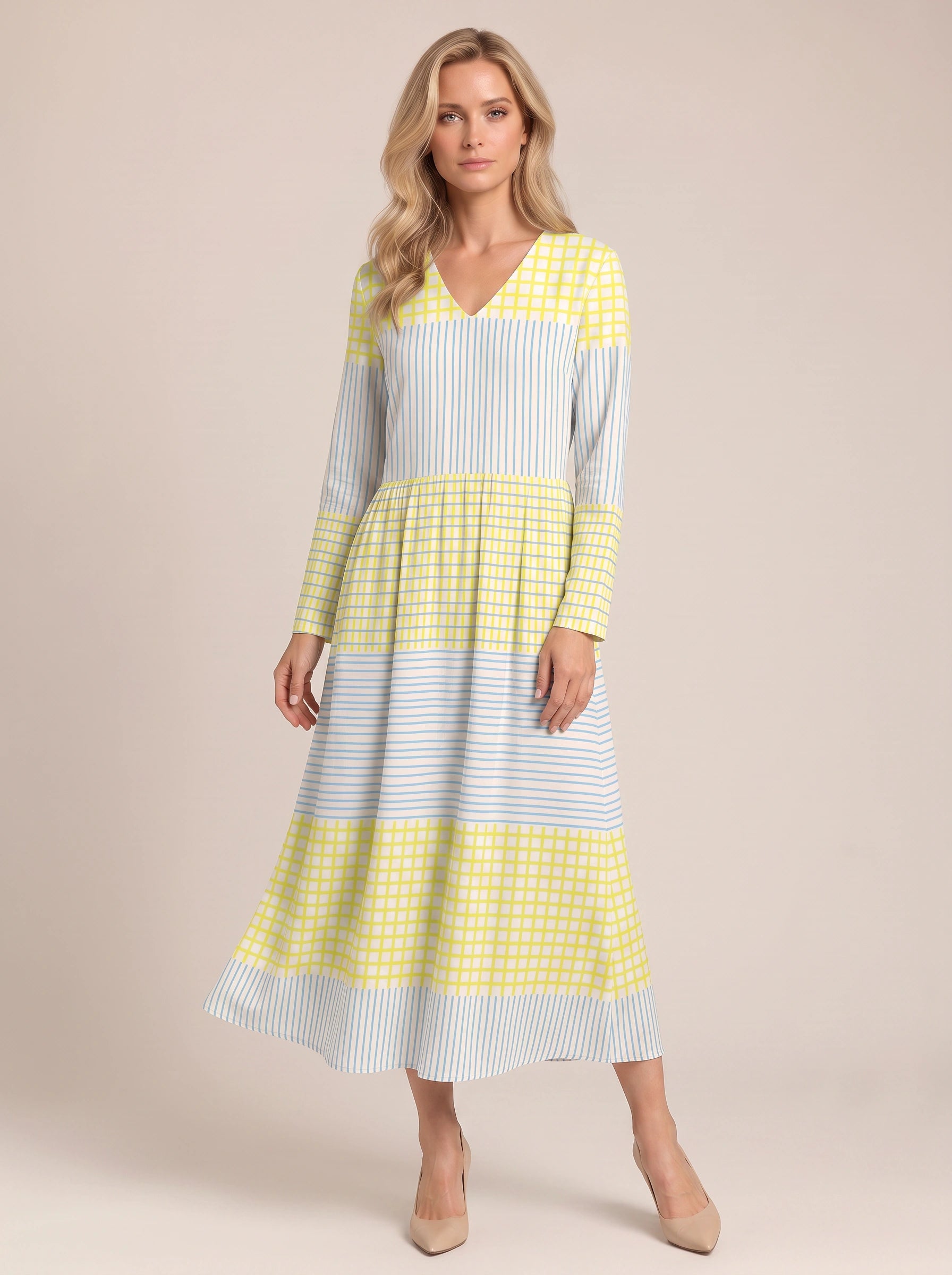 Rigatto V-Neck Striped Midi Dress – Summer Dresses Women Casual Sundresses Linen Blend Midi Dress