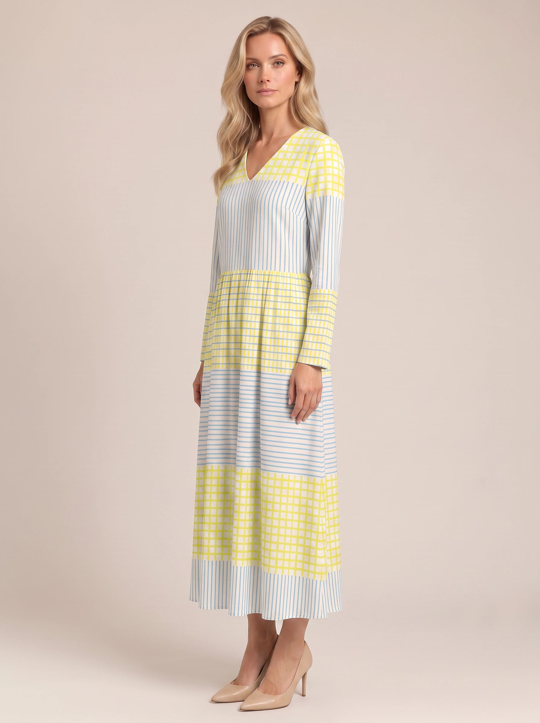 Rigatto V-Neck Striped Midi Dress – Summer Dresses Women Casual Sundresses Linen Blend Midi Dress