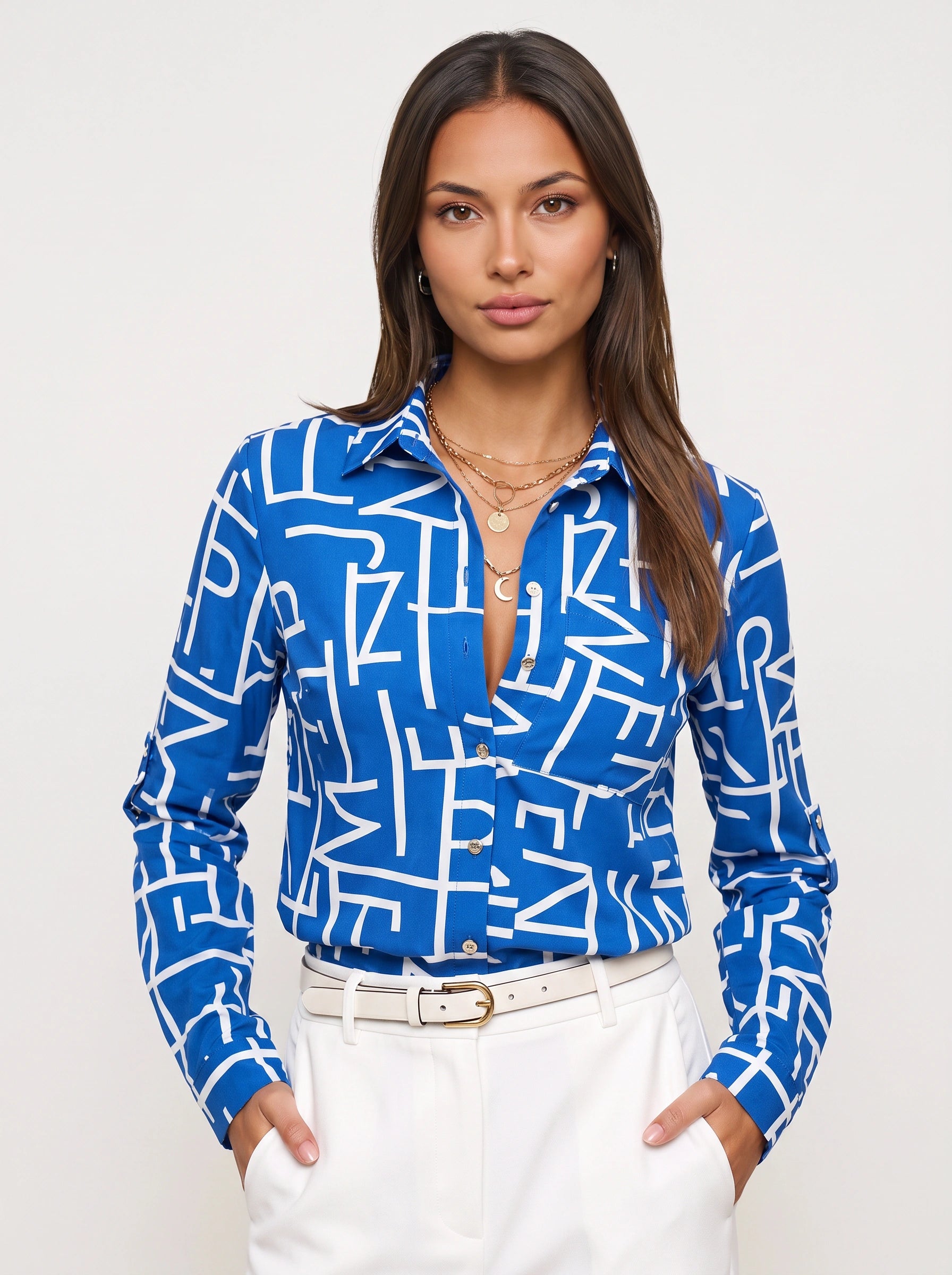 Grafiqo Geometric Print Collared Shirt – Long Sleeve Button Down Blouse Women Summer Casual Vacation Tops