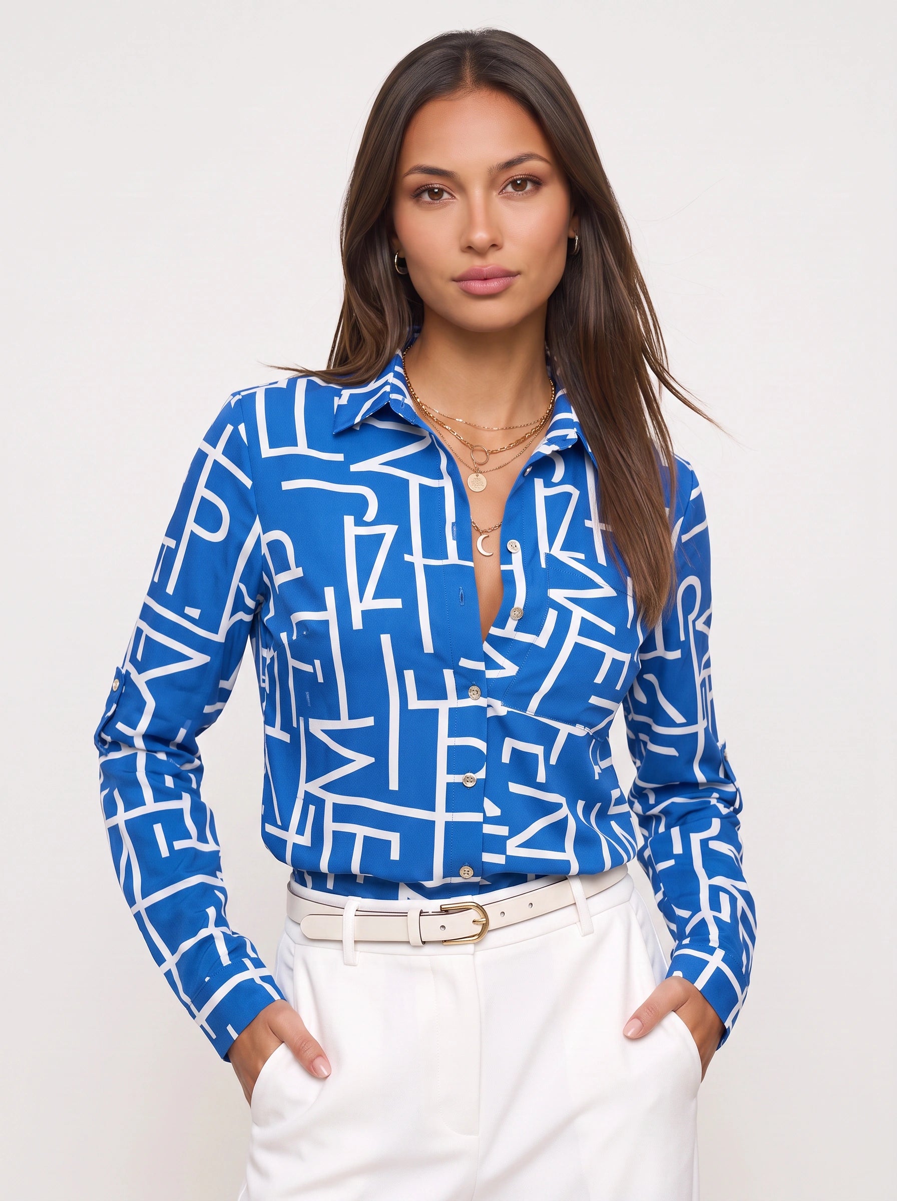 Grafiqo Geometric Print Collared Shirt – Long Sleeve Button Down Blouse Women Summer Casual Vacation Tops