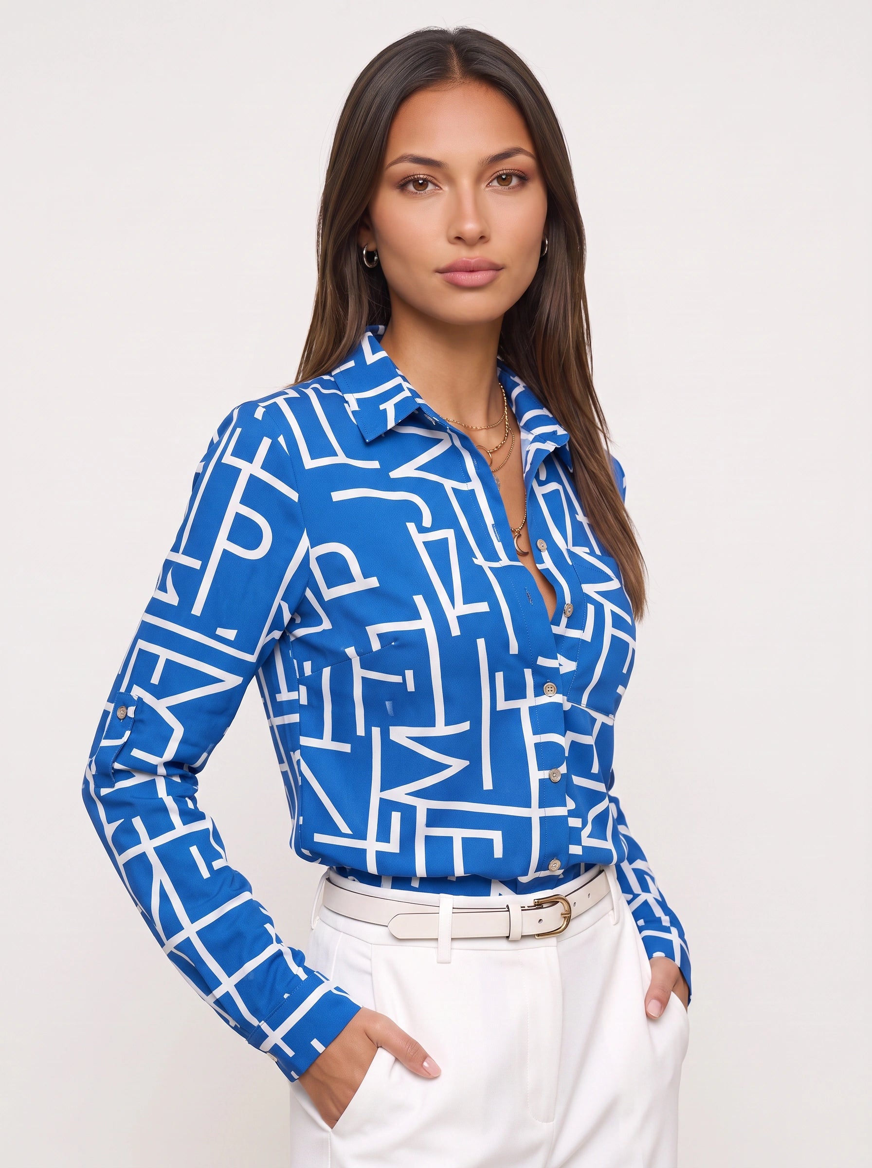 Grafiqo Geometric Print Collared Shirt – Long Sleeve Button Down Blouse Women Summer Casual Vacation Tops