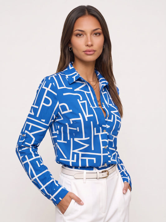 Grafiqo Geometric Print Collared Shirt – Long Sleeve Button Down Blouse Women Summer Casual Vacation Tops