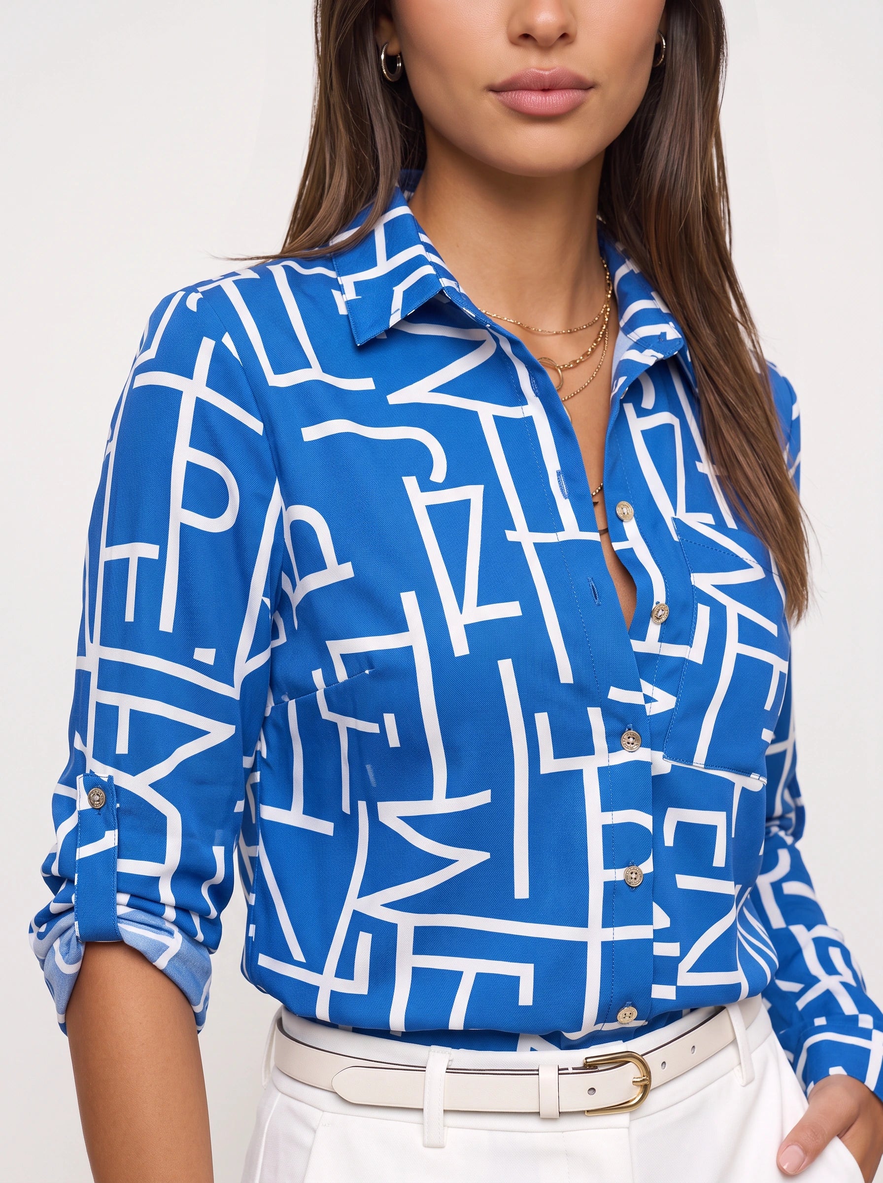 Grafiqo Geometric Print Collared Shirt – Long Sleeve Button Down Blouse Women Summer Casual Vacation Tops