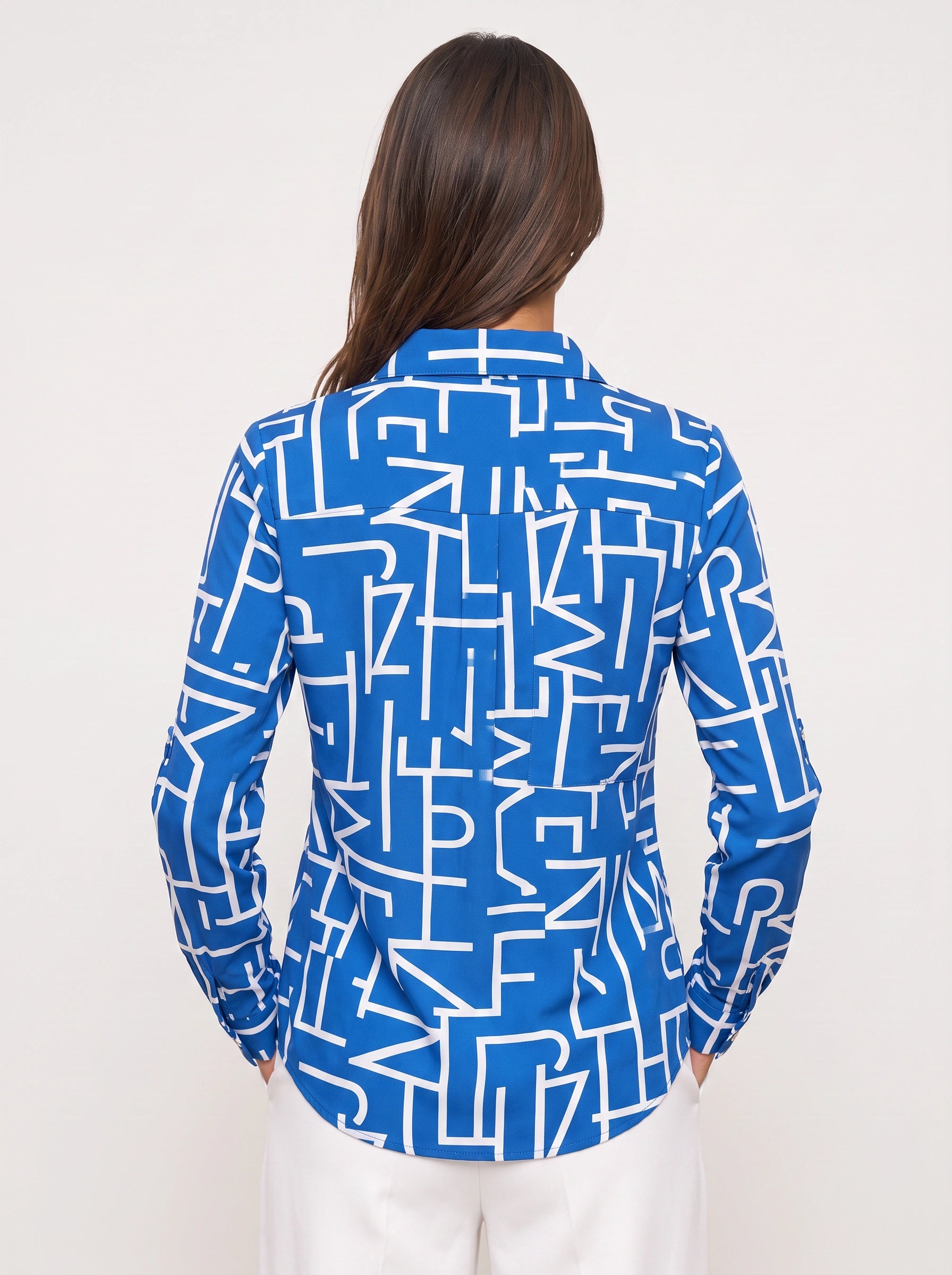Grafiqo Geometric Print Collared Shirt – Long Sleeve Button Down Blouse Women Summer Casual Vacation Tops