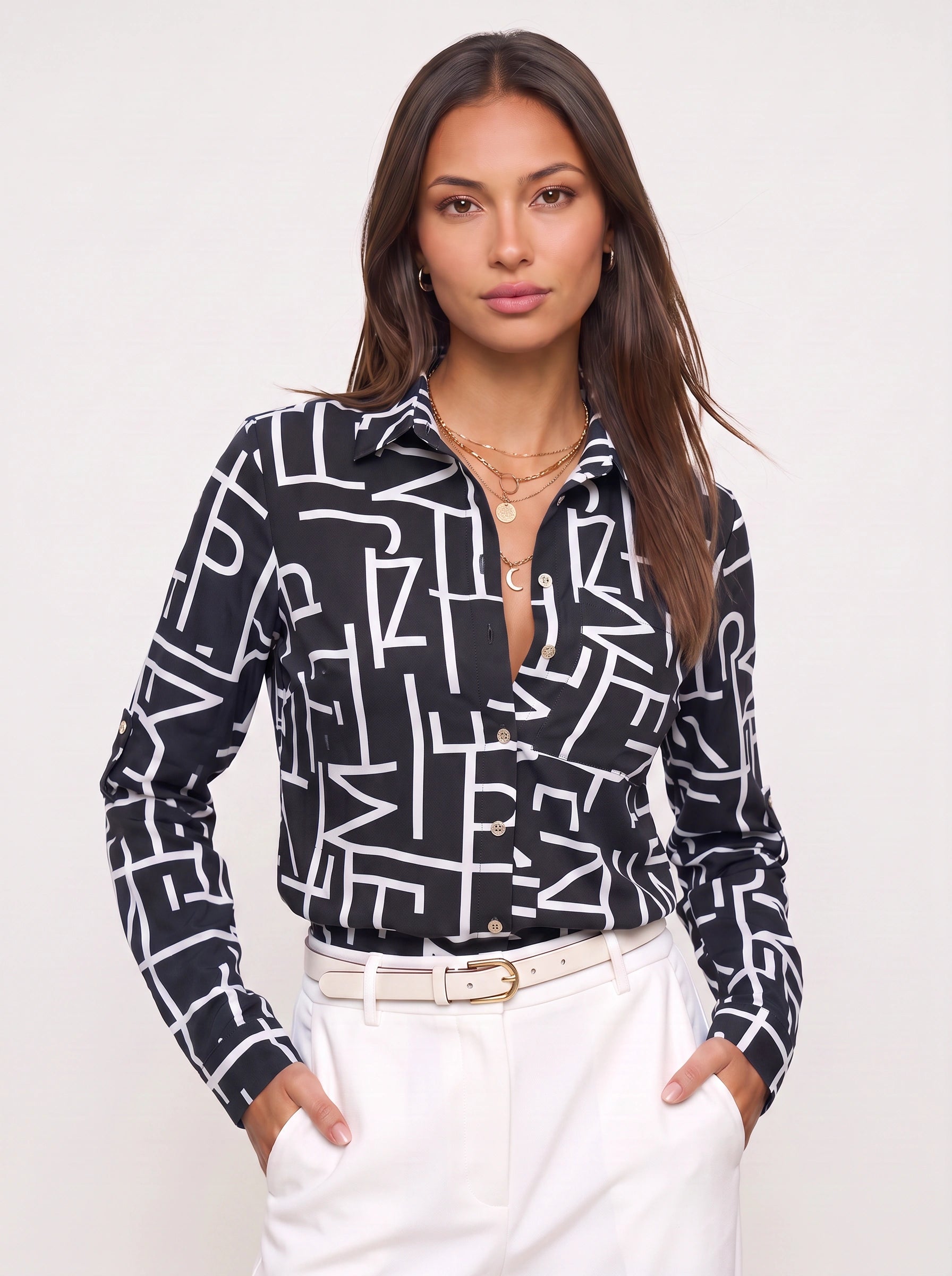 Grafiqo Geometric Print Collared Shirt – Long Sleeve Button Down Blouse Women Summer Casual Vacation Tops