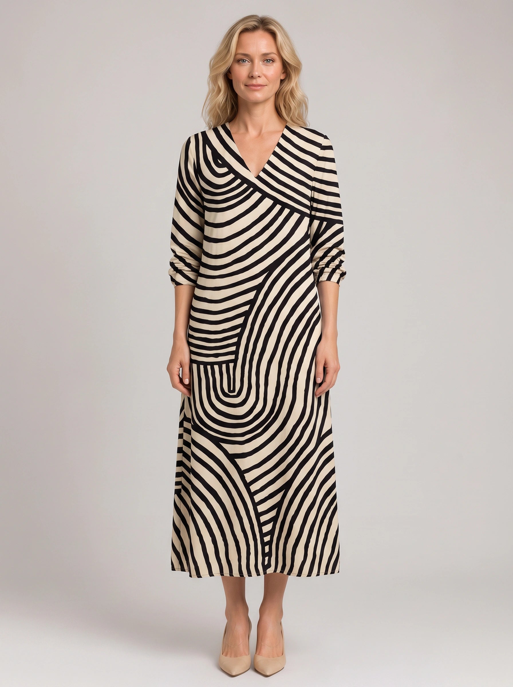 Spiralin Striped V-Neck Midi Dress – Women Summer Vintage Casual Linen Blend Striped Midi Dress
