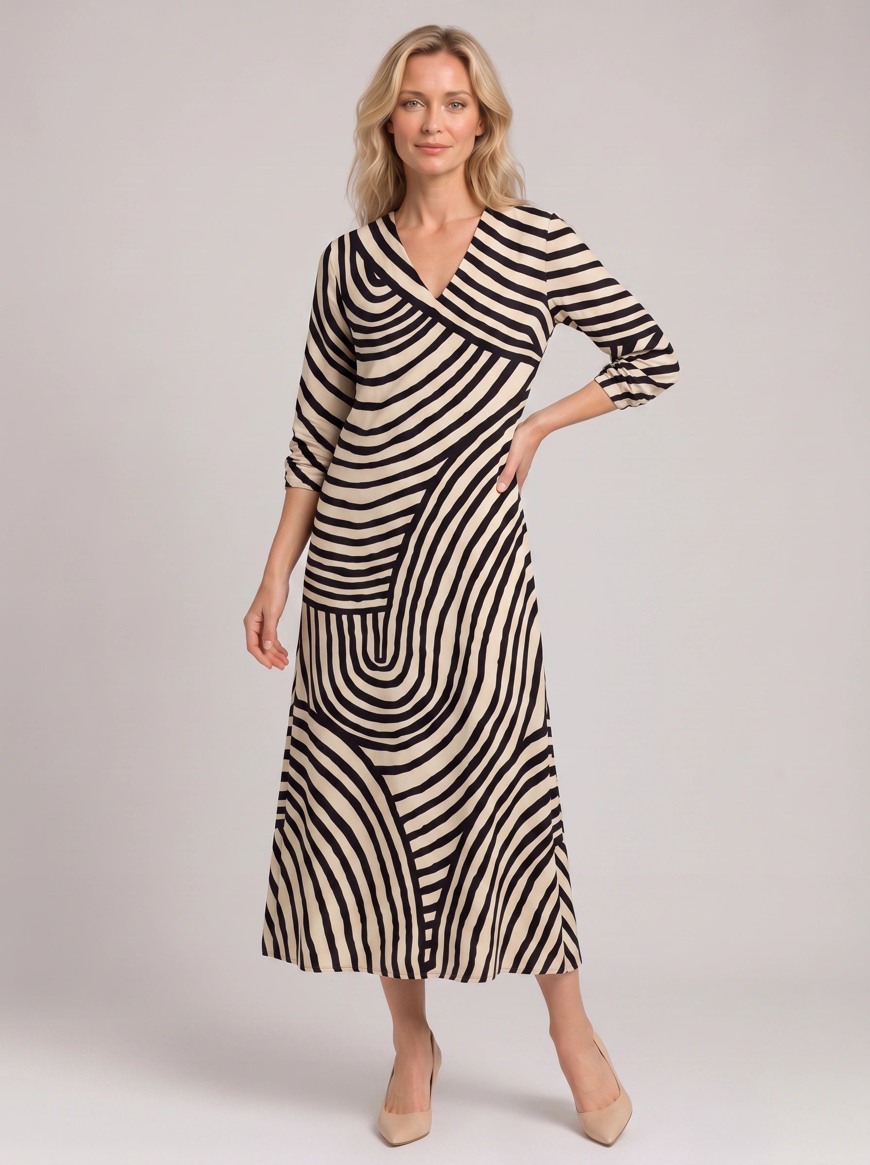 Spiralin Striped V-Neck Midi Dress – Women Summer Vintage Casual Linen Blend Striped Midi Dress