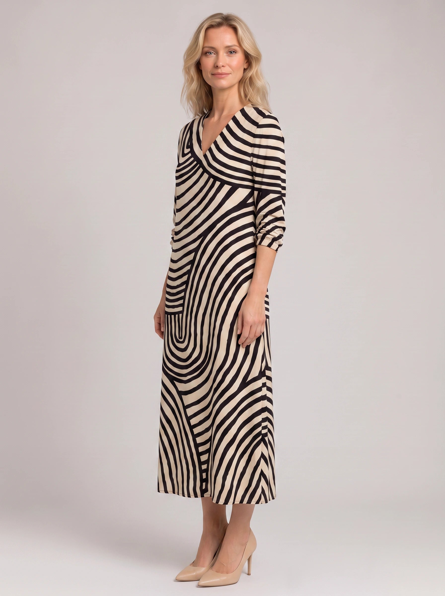 Spiralin Striped V-Neck Midi Dress – Women Summer Vintage Casual Linen Blend Striped Midi Dress