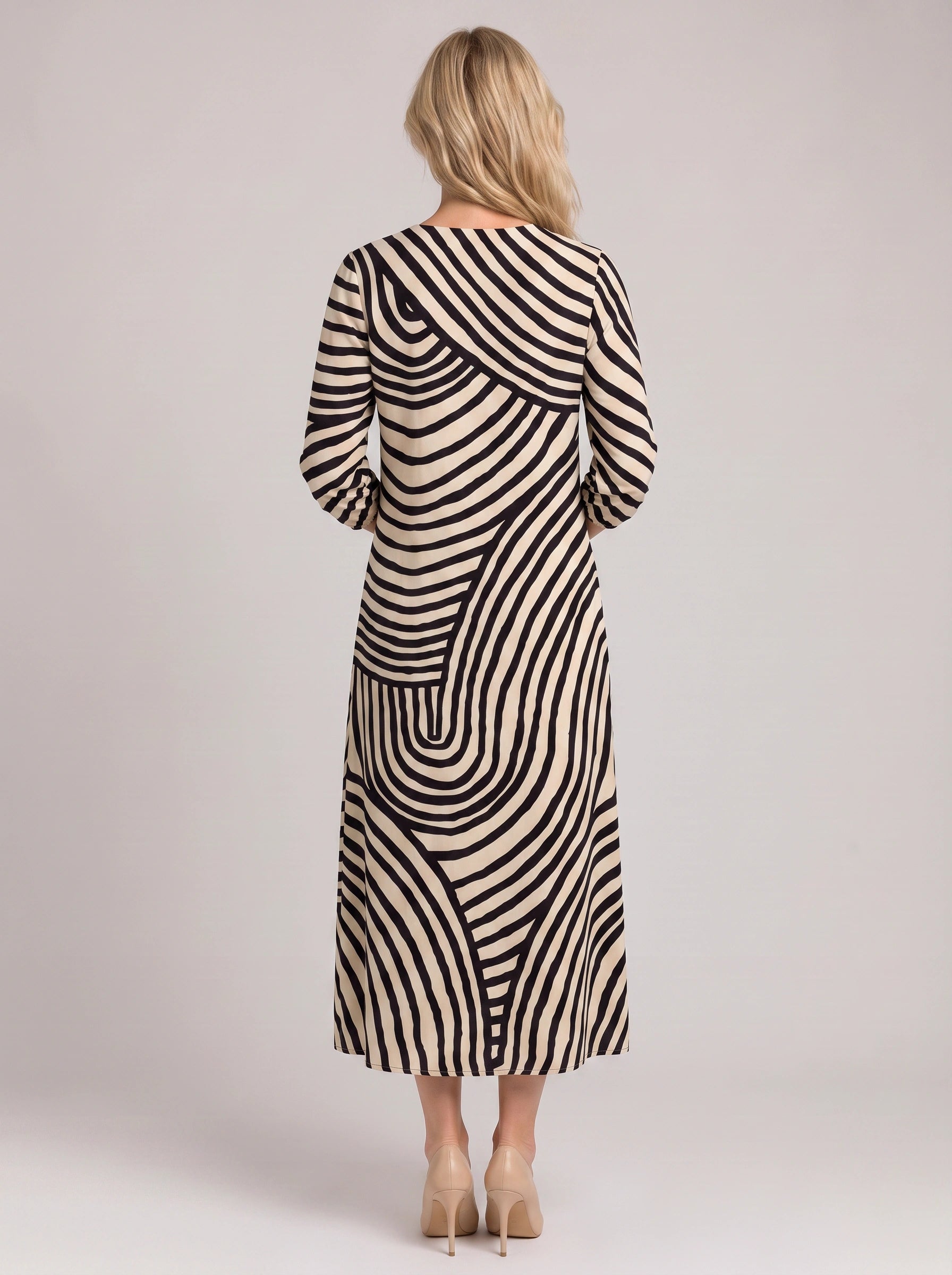 Spiralin Striped V-Neck Midi Dress – Women Summer Vintage Casual Linen Blend Striped Midi Dress