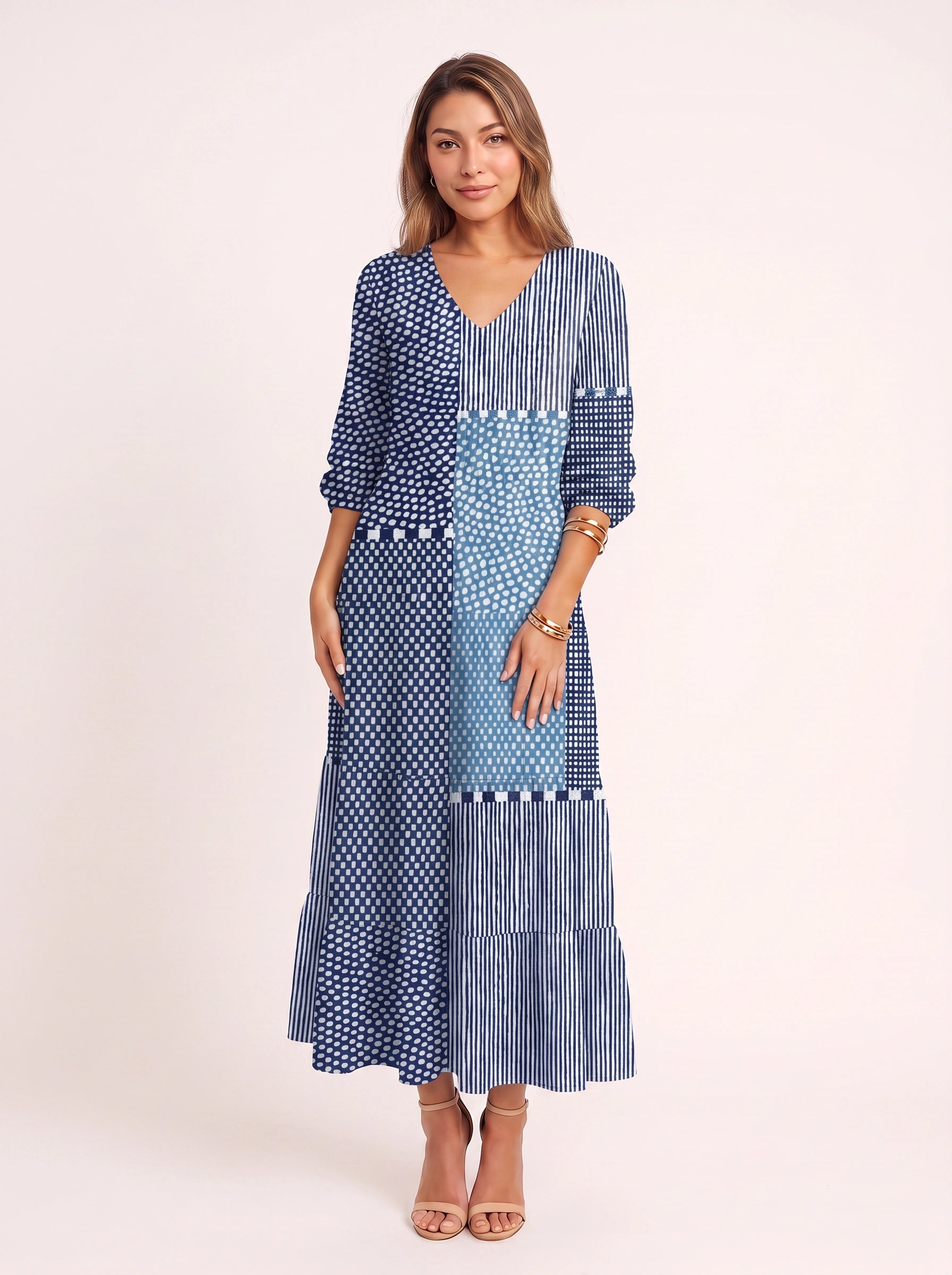 Patchera Patchwork V-Neck Maxi Dress – Boho Maxi Dress Women Bohemian Casual Loose Fit Long Sleeve Midi Dress