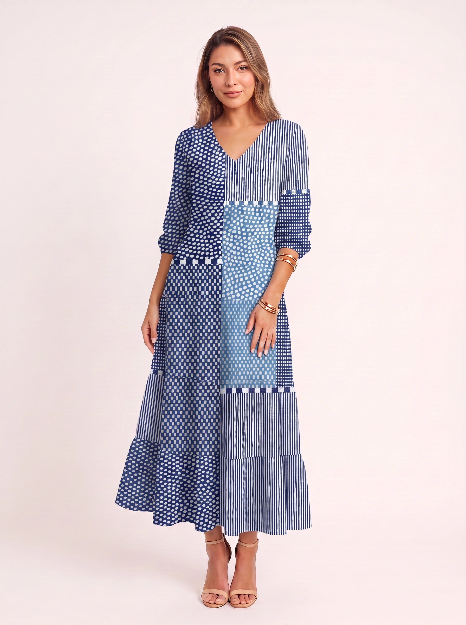 Patchera Patchwork V-Neck Maxi Dress – Boho Maxi Dress Women Bohemian Casual Loose Fit Long Sleeve Midi Dress