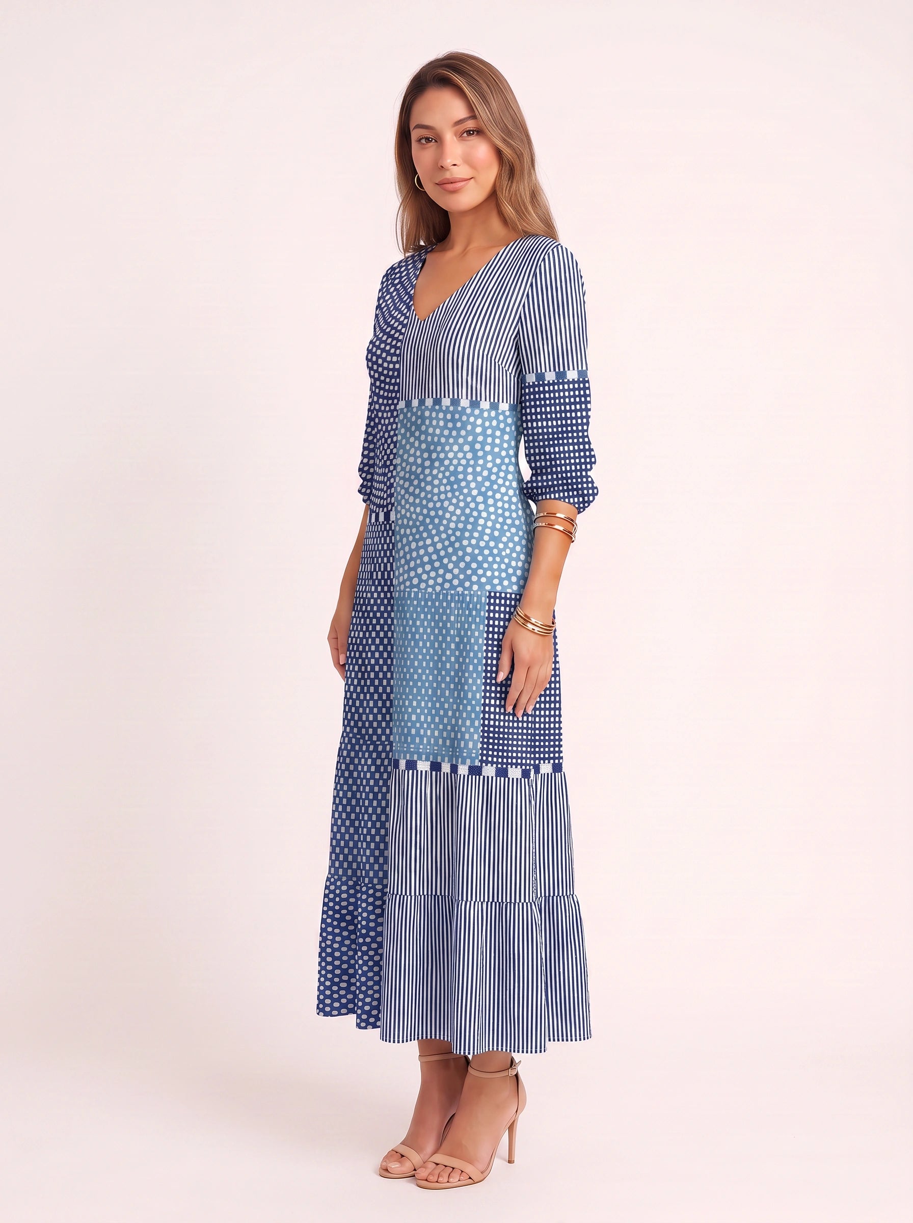 Patchera Patchwork V-Neck Maxi Dress – Boho Maxi Dress Women Bohemian Casual Loose Fit Long Sleeve Midi Dress