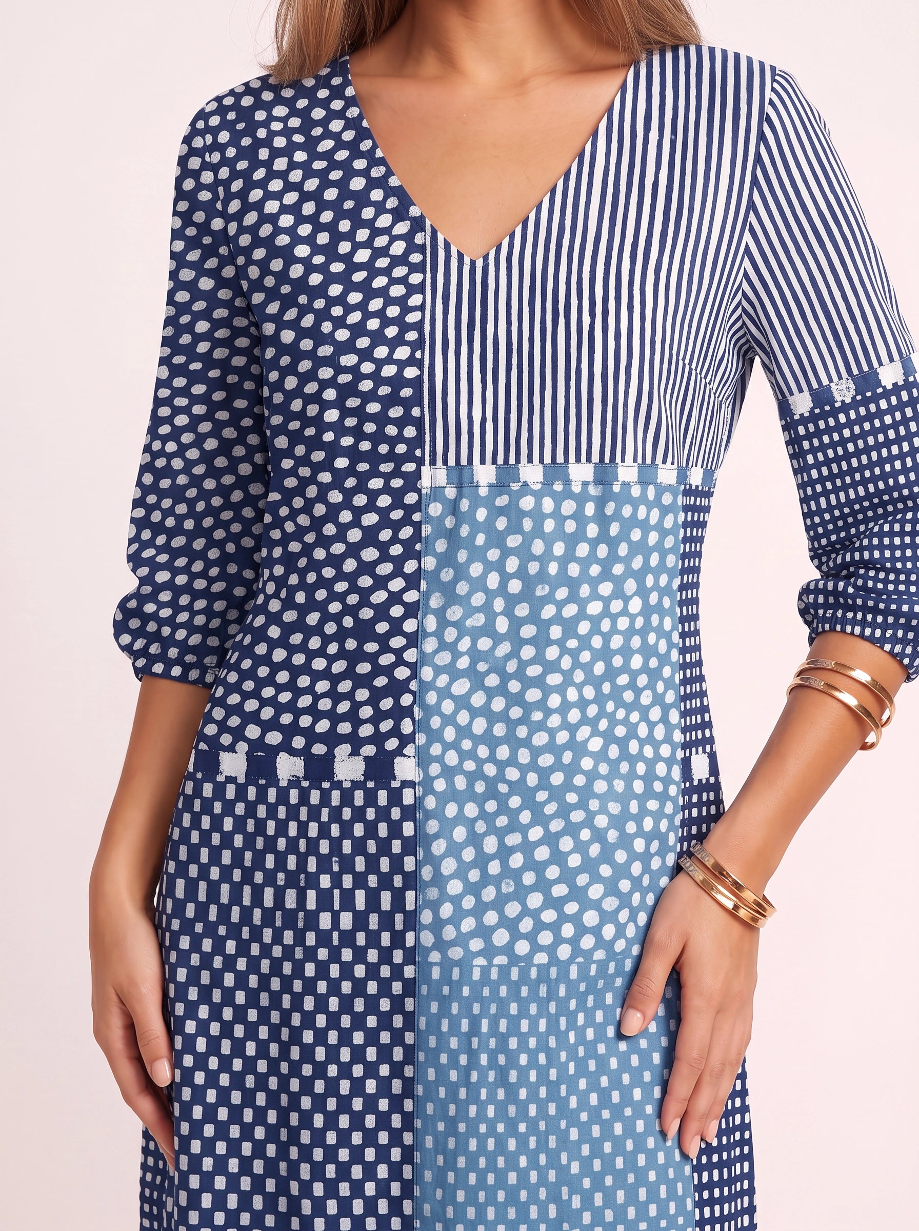 Patchera Patchwork V-Neck Maxi Dress – Boho Maxi Dress Women Bohemian Casual Loose Fit Long Sleeve Midi Dress