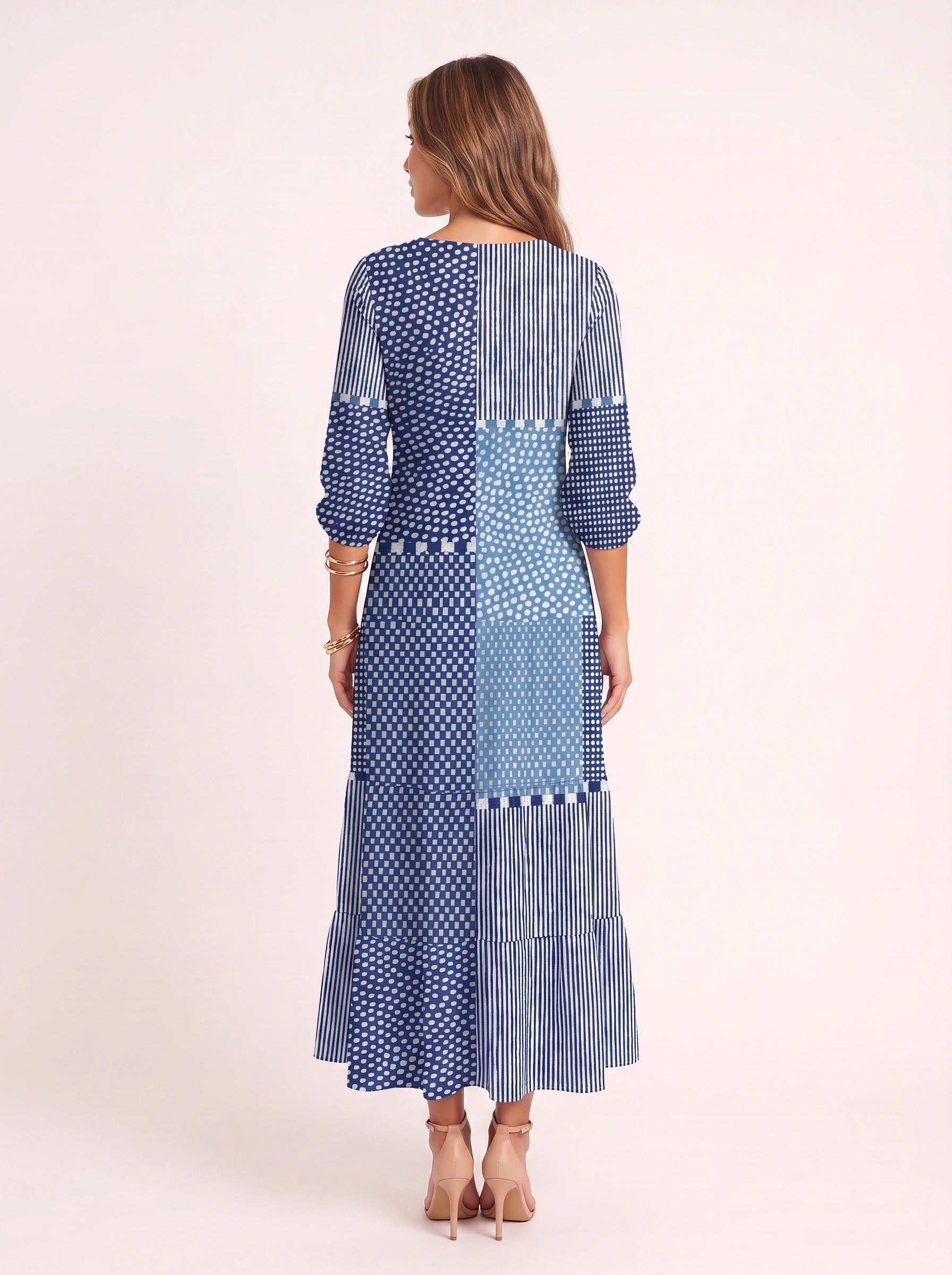 Patchera Patchwork V-Neck Maxi Dress – Boho Maxi Dress Women Bohemian Casual Loose Fit Long Sleeve Midi Dress