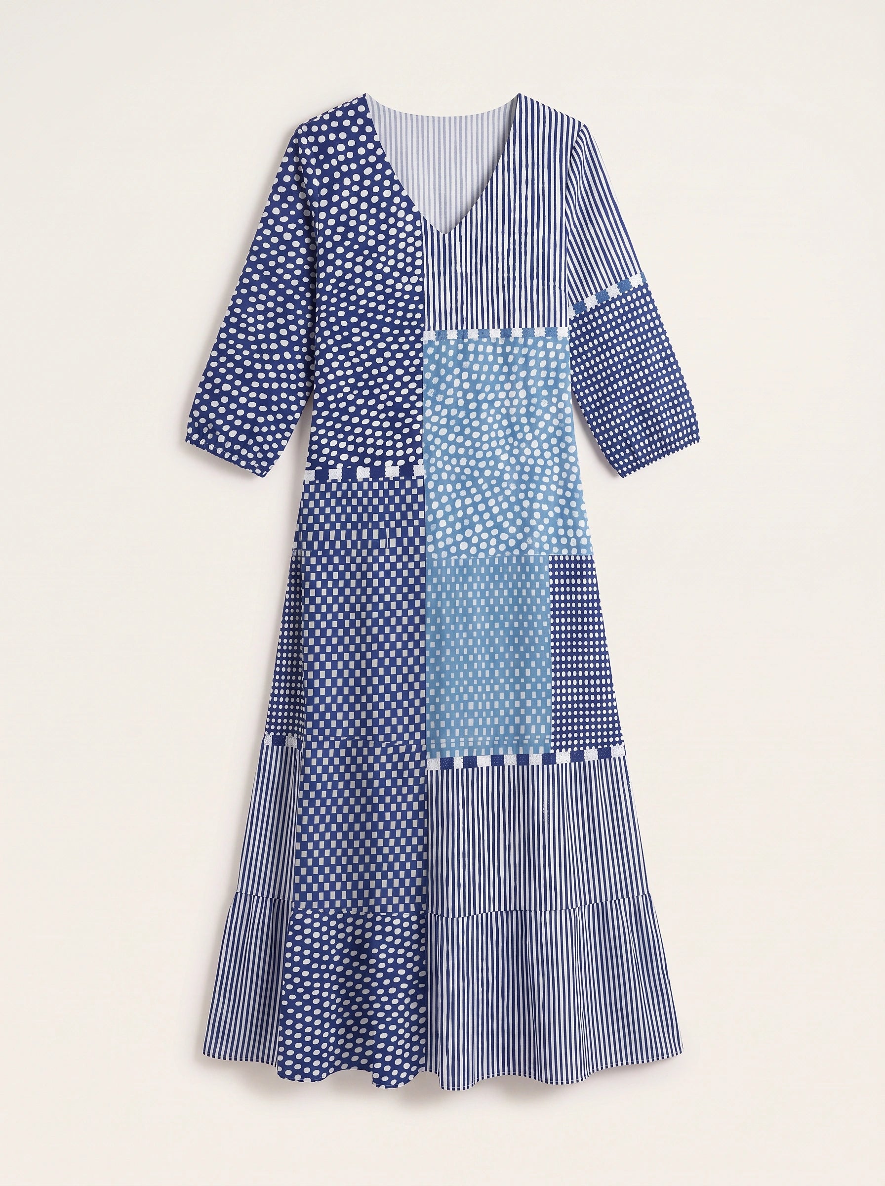 Patchera Patchwork V-Neck Maxi Dress – Boho Maxi Dress Women Bohemian Casual Loose Fit Long Sleeve Midi Dress