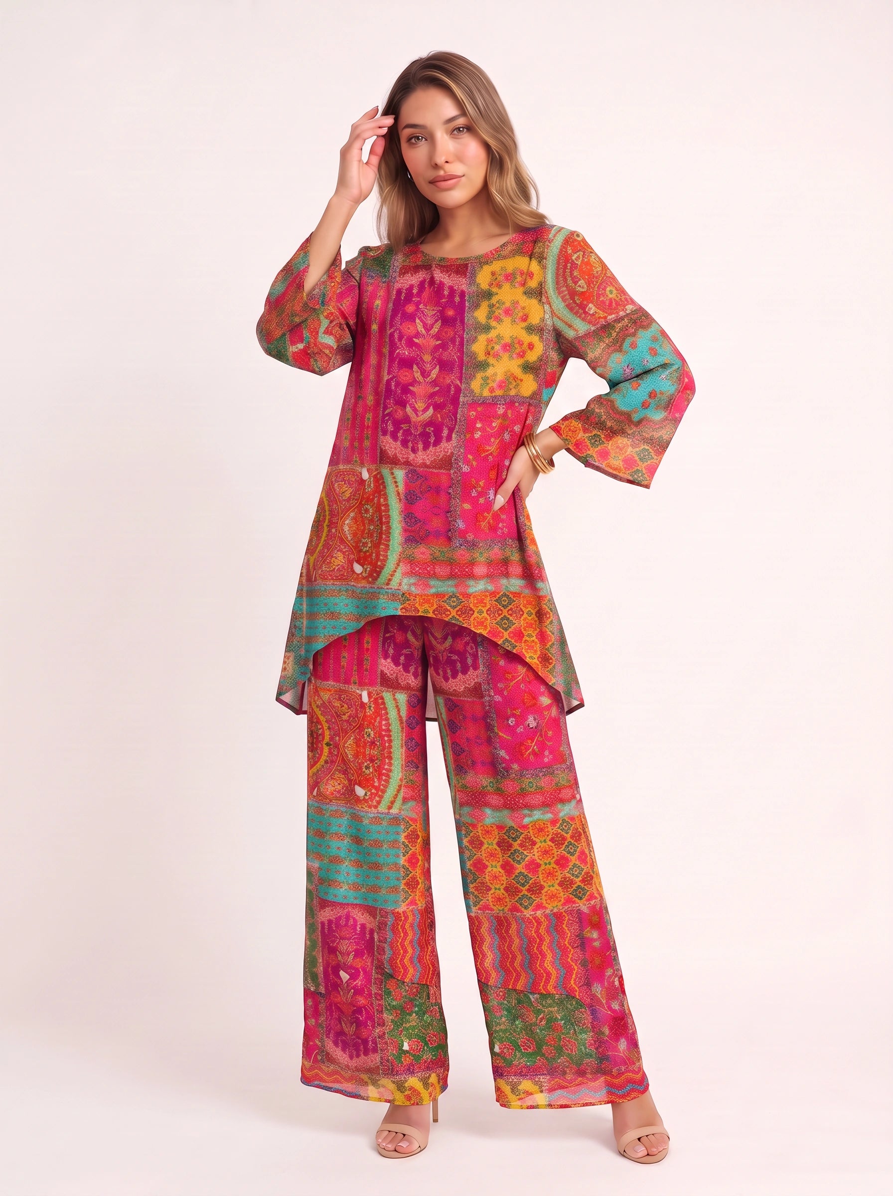 Mosaïque Patchwork Caftan Two Piece Set – Boho Two Piece Set Women Bohemian Style Clothing Printed Kaftan Lounge Set