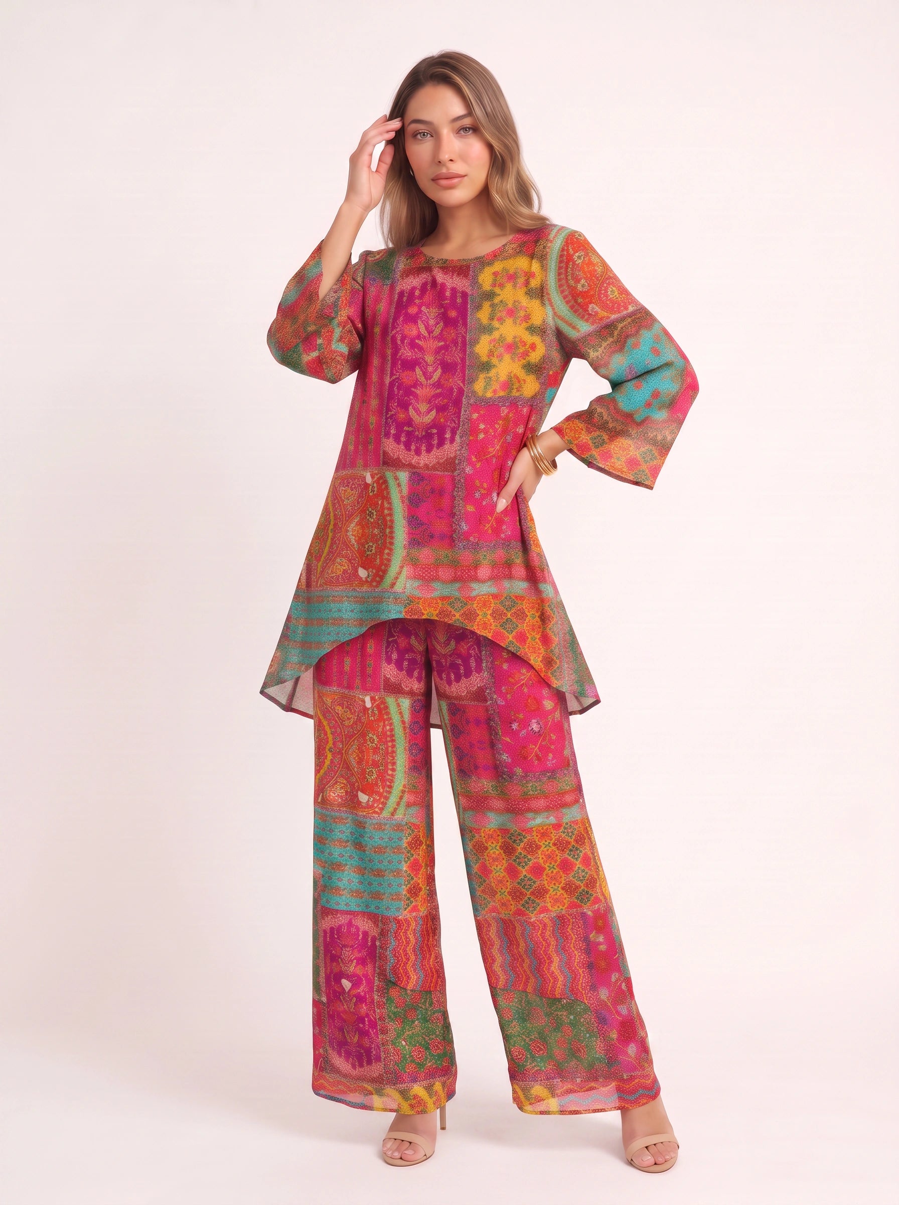 Mosaïque Patchwork Caftan Two Piece Set – Boho Two Piece Set Women Bohemian Style Clothing Printed Kaftan Lounge Set