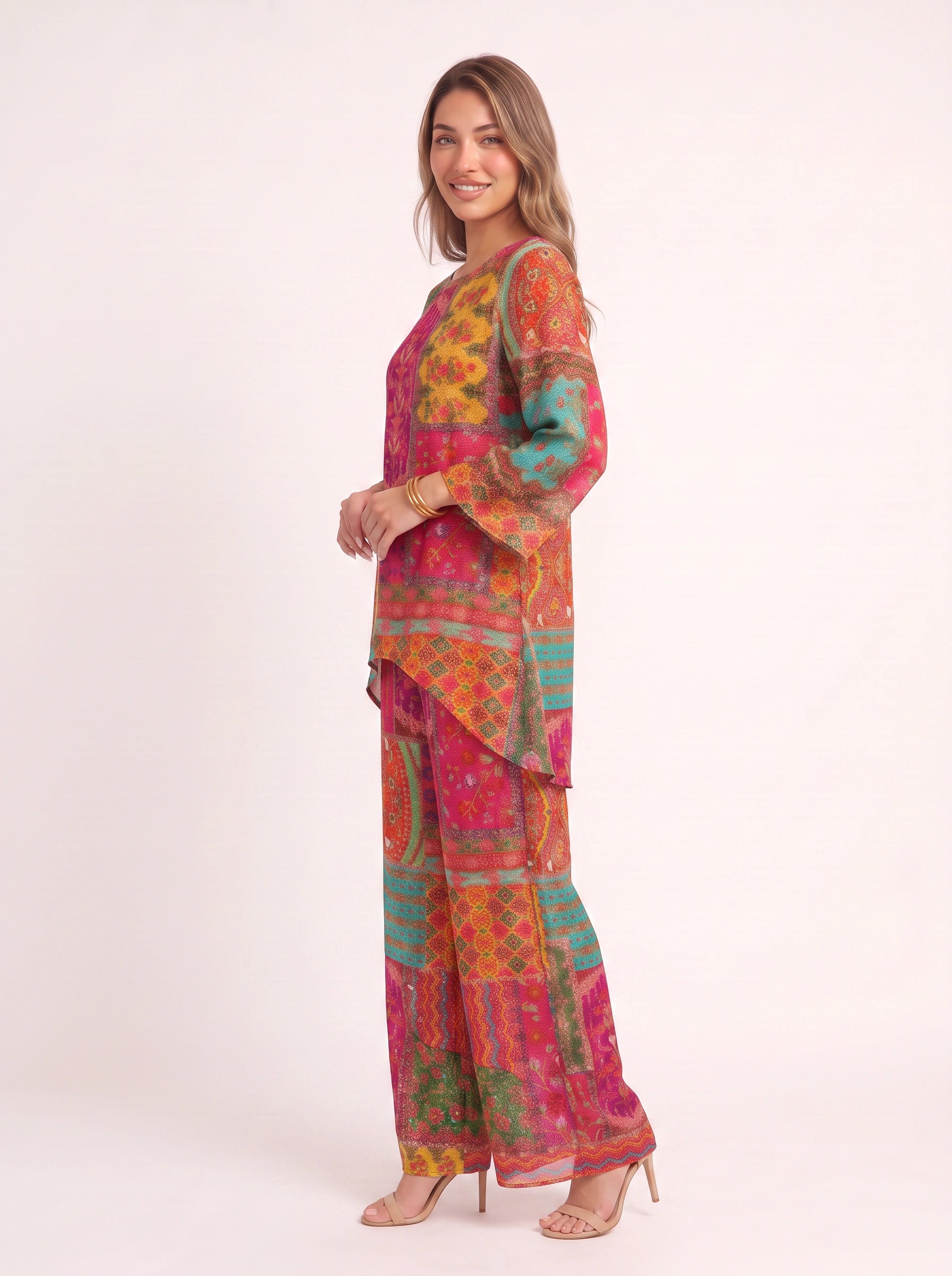Mosaïque Patchwork Caftan Two Piece Set – Boho Two Piece Set Women Bohemian Style Clothing Printed Kaftan Lounge Set