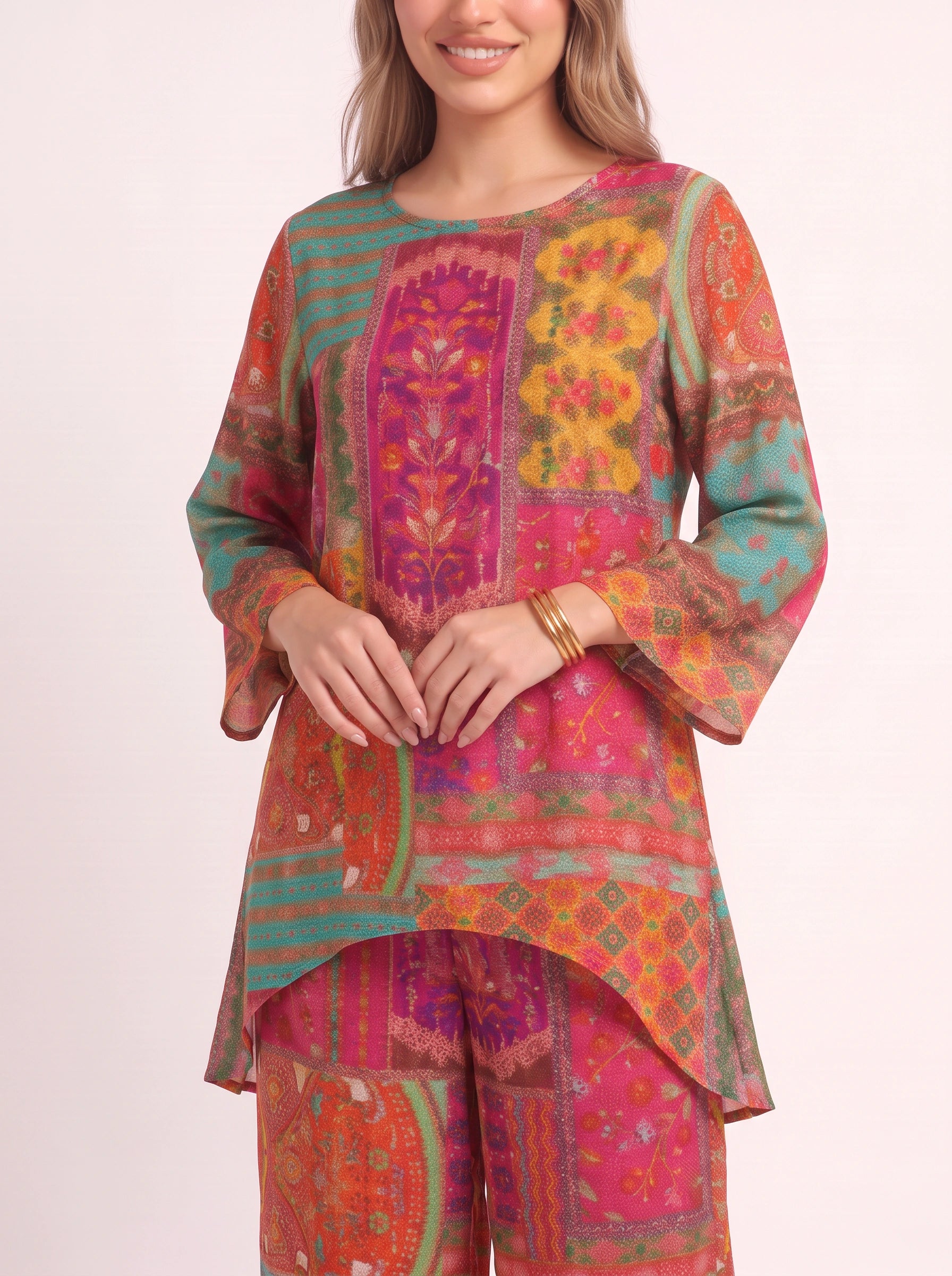Mosaïque Patchwork Caftan Two Piece Set – Boho Two Piece Set Women Bohemian Style Clothing Printed Kaftan Lounge Set