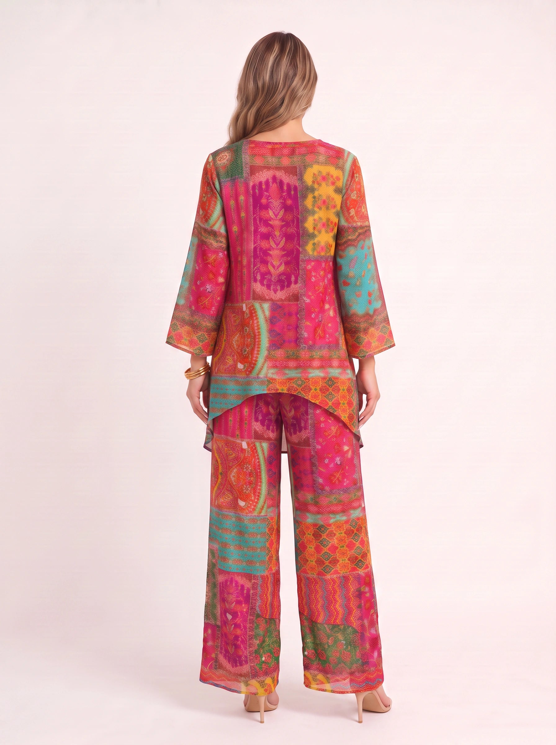 Mosaïque Patchwork Caftan Two Piece Set – Boho Two Piece Set Women Bohemian Style Clothing Printed Kaftan Lounge Set