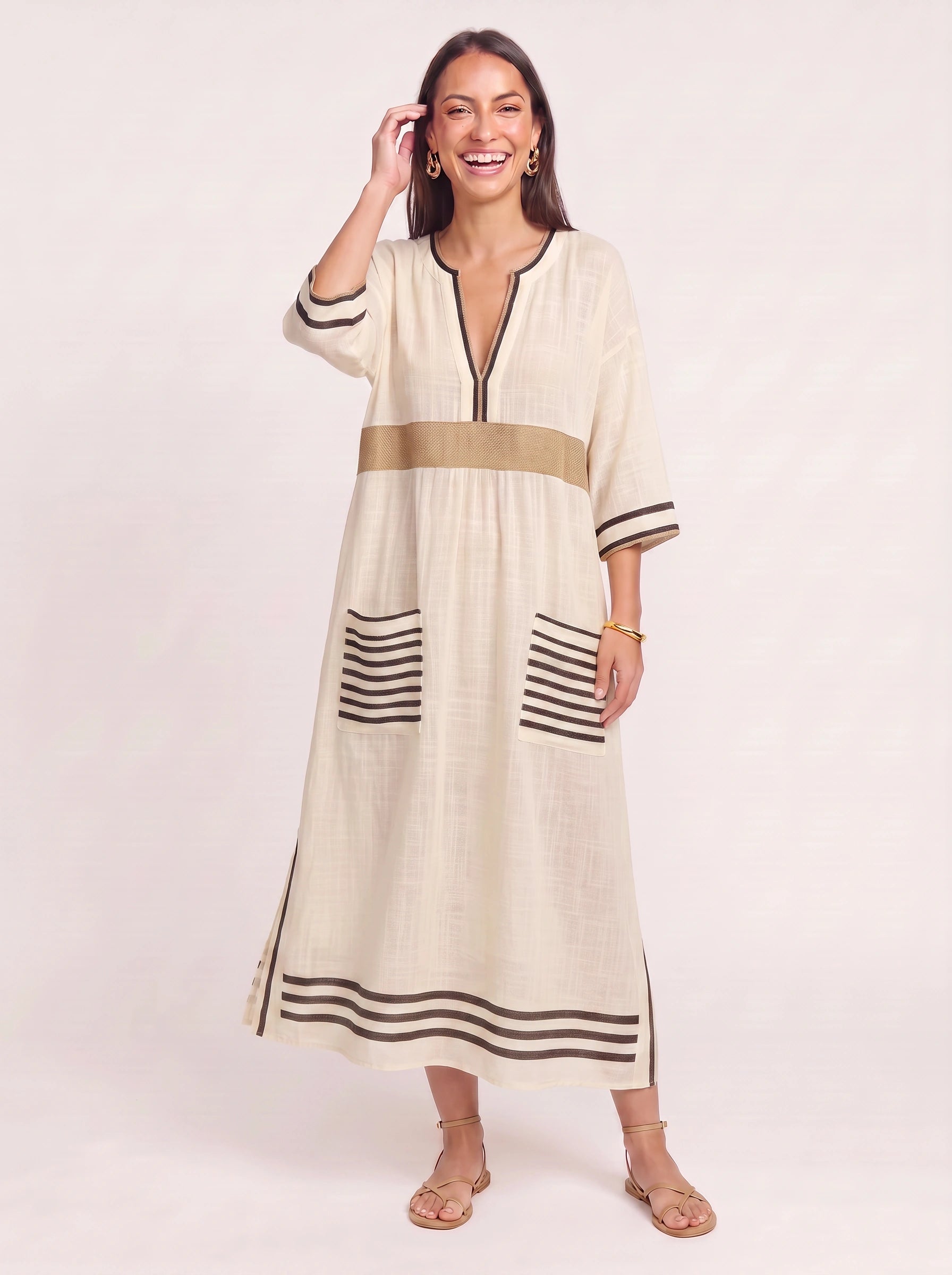 Raynea Striped V-Neck Kaftan Maxi Dress – Beach Cover Up Women Swimsuit Cover Ups Beachwear Caftan Maxi Dress