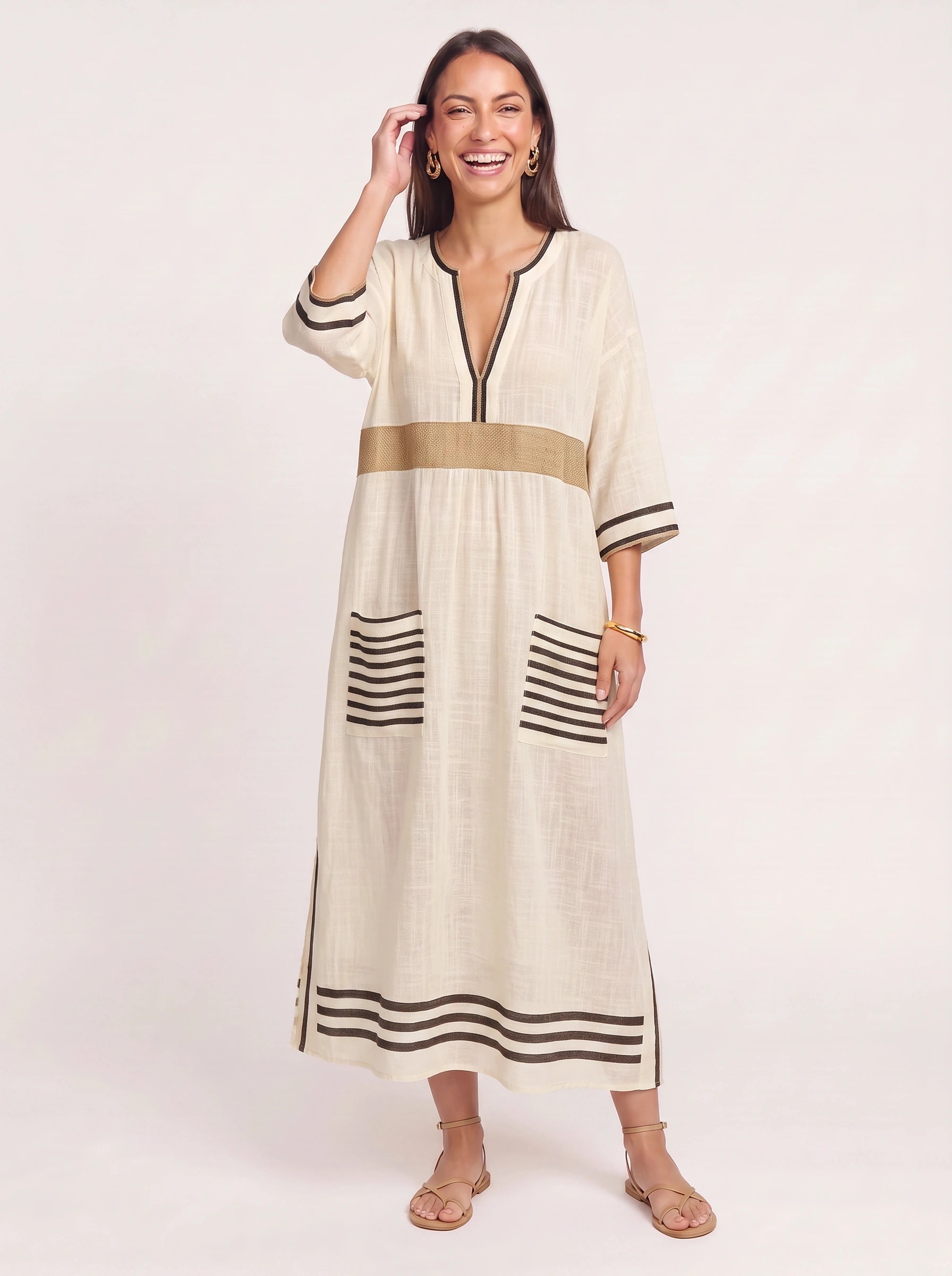 Raynea Striped V-Neck Kaftan Maxi Dress – Beach Cover Up Women Swimsuit Cover Ups Beachwear Caftan Maxi Dress