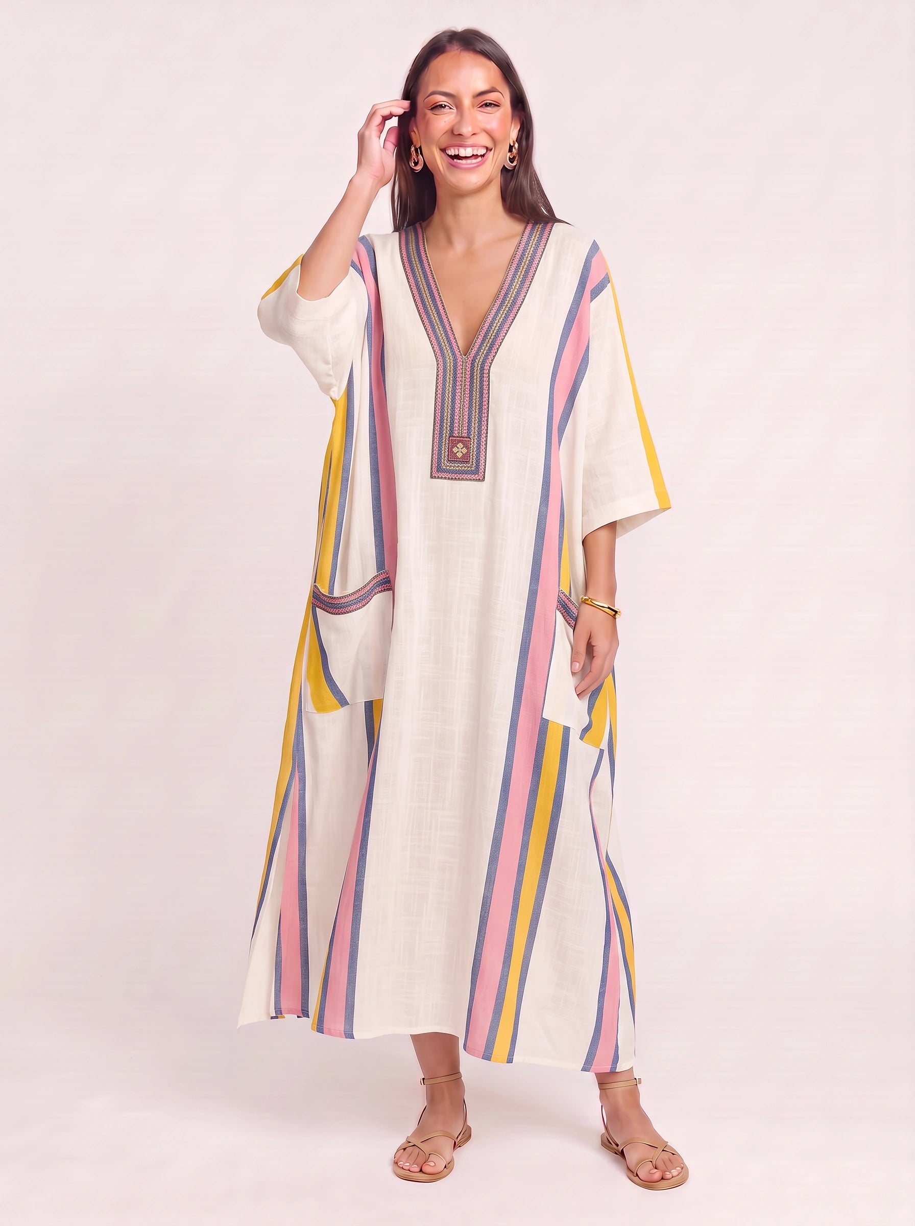 Raynea Striped V-Neck Kaftan Maxi Dress – Beach Cover Up Women Swimsuit Cover Ups Beachwear Caftan Maxi Dress