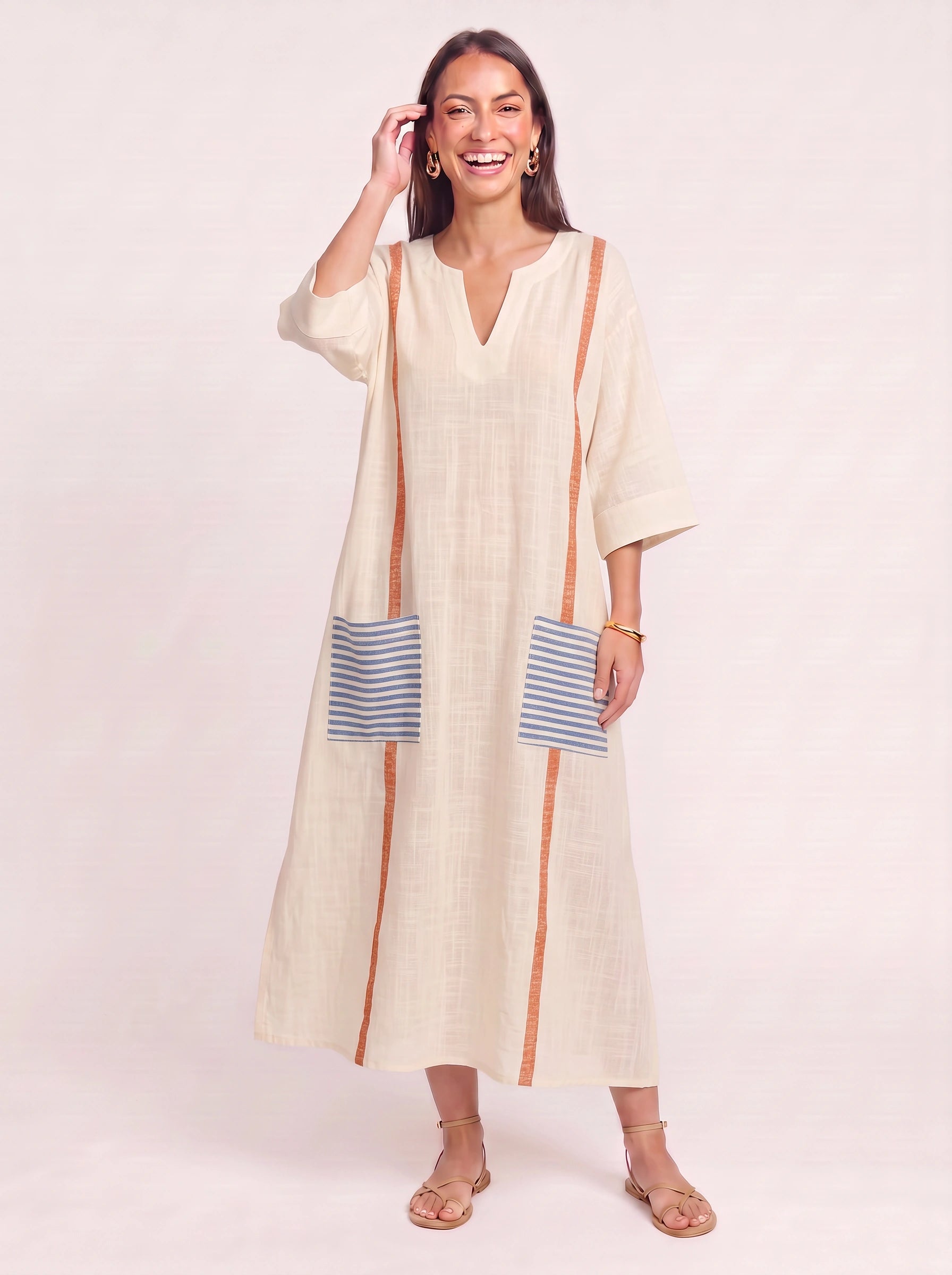 Raynea Striped V-Neck Kaftan Maxi Dress – Beach Cover Up Women Swimsuit Cover Ups Beachwear Caftan Maxi Dress