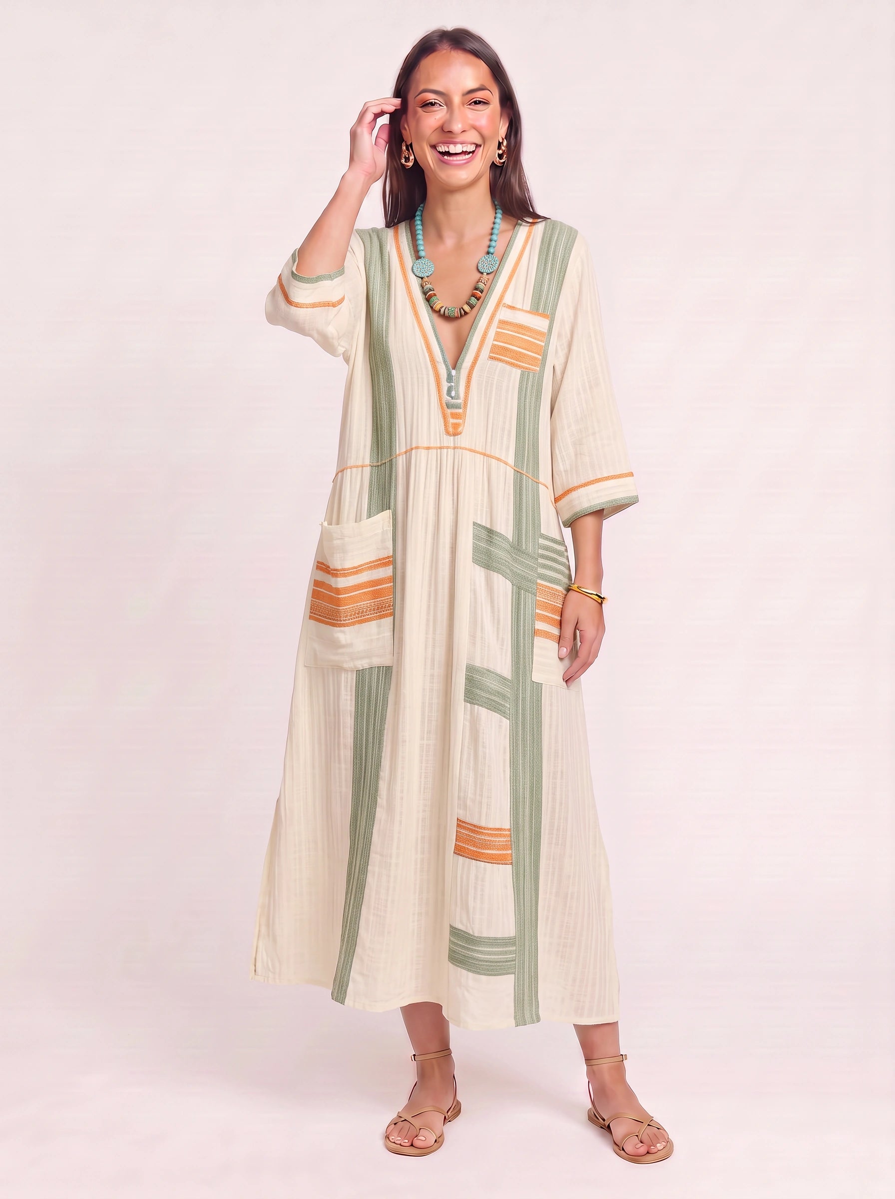 Raynea Striped V-Neck Kaftan Maxi Dress – Beach Cover Up Women Swimsuit Cover Ups Beachwear Caftan Maxi Dress