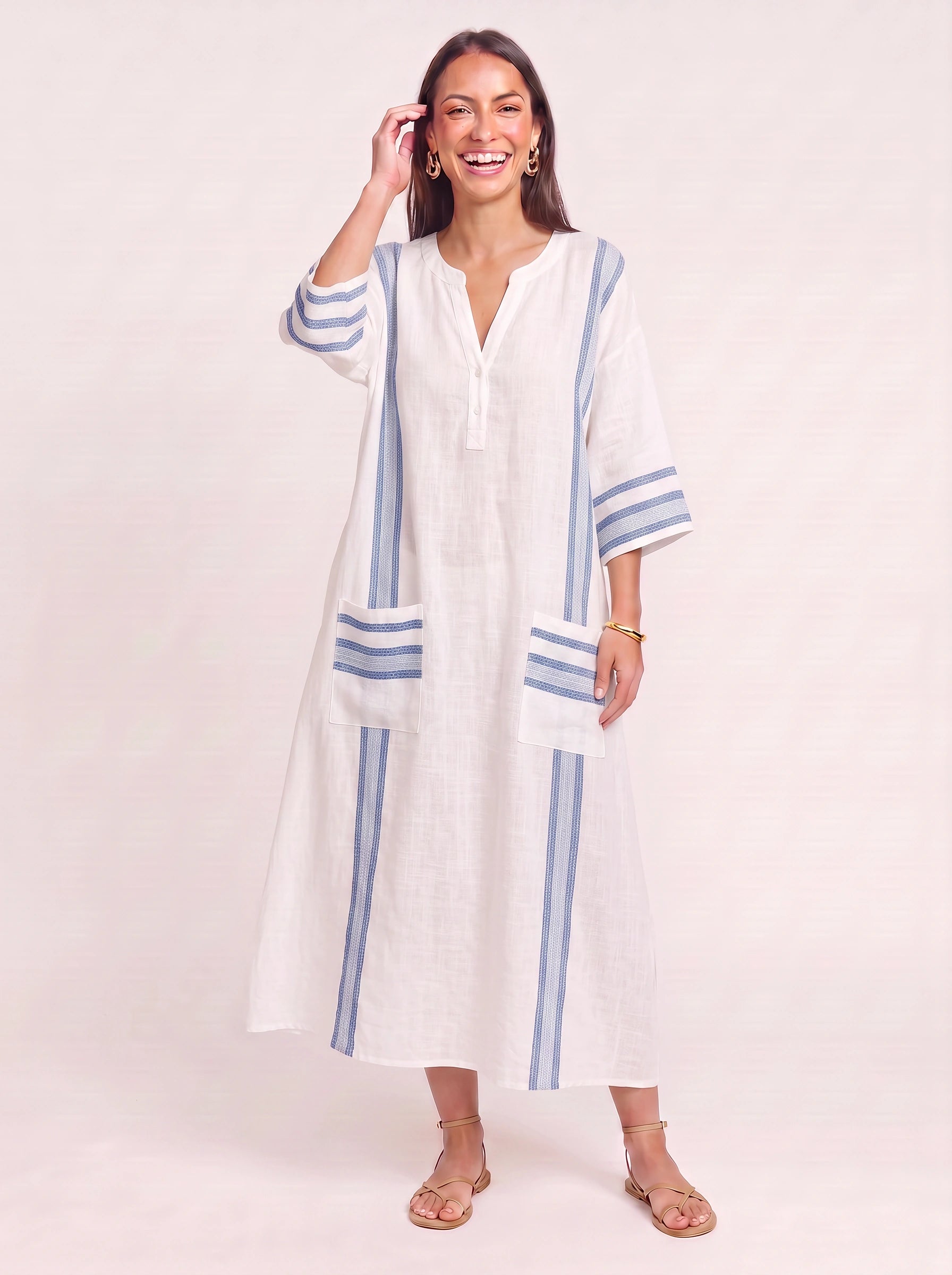 Raynea Striped V-Neck Kaftan Maxi Dress – Beach Cover Up Women Swimsuit Cover Ups Beachwear Caftan Maxi Dress