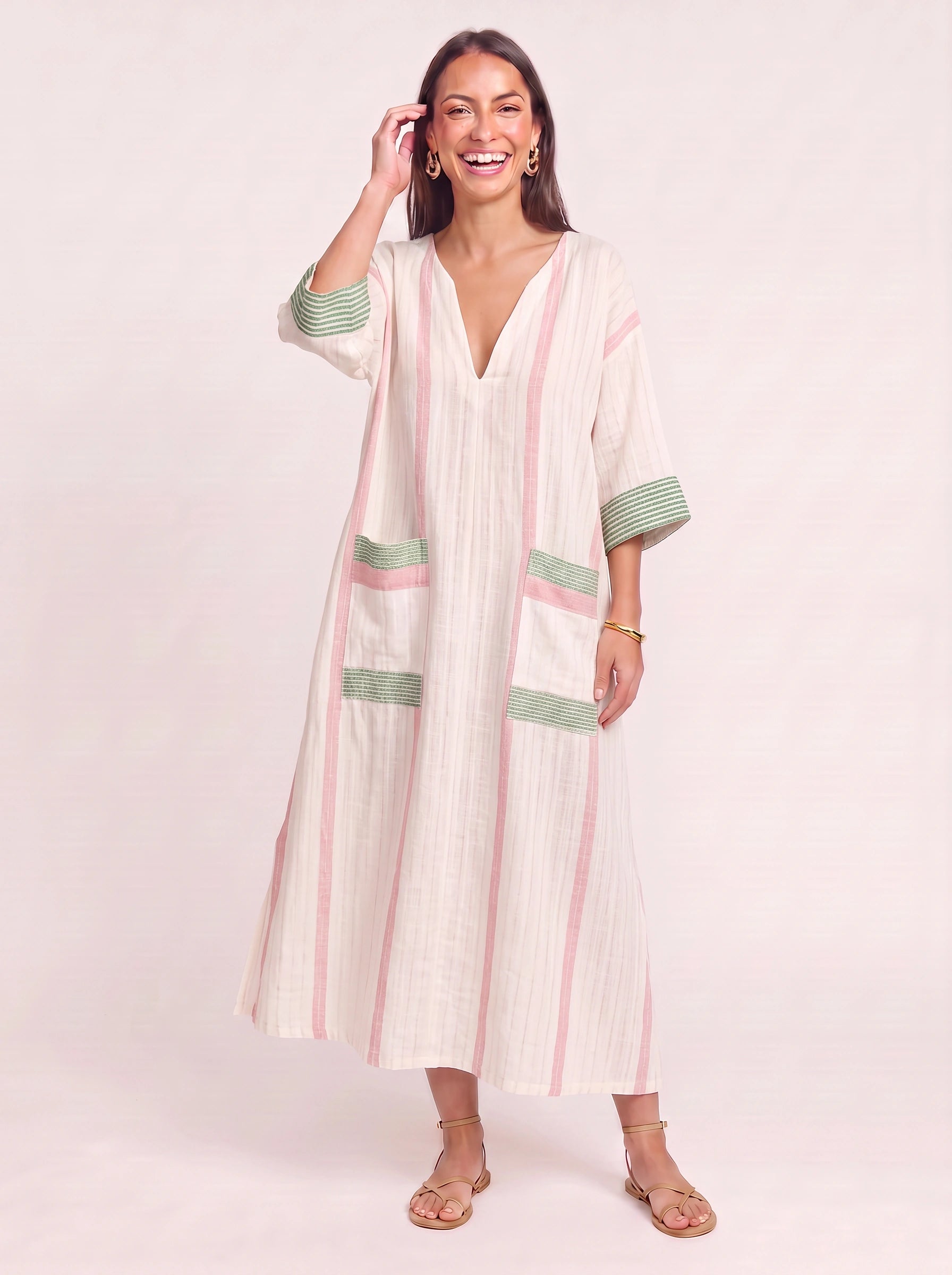 Raynea Striped V-Neck Kaftan Maxi Dress – Beach Cover Up Women Swimsuit Cover Ups Beachwear Caftan Maxi Dress