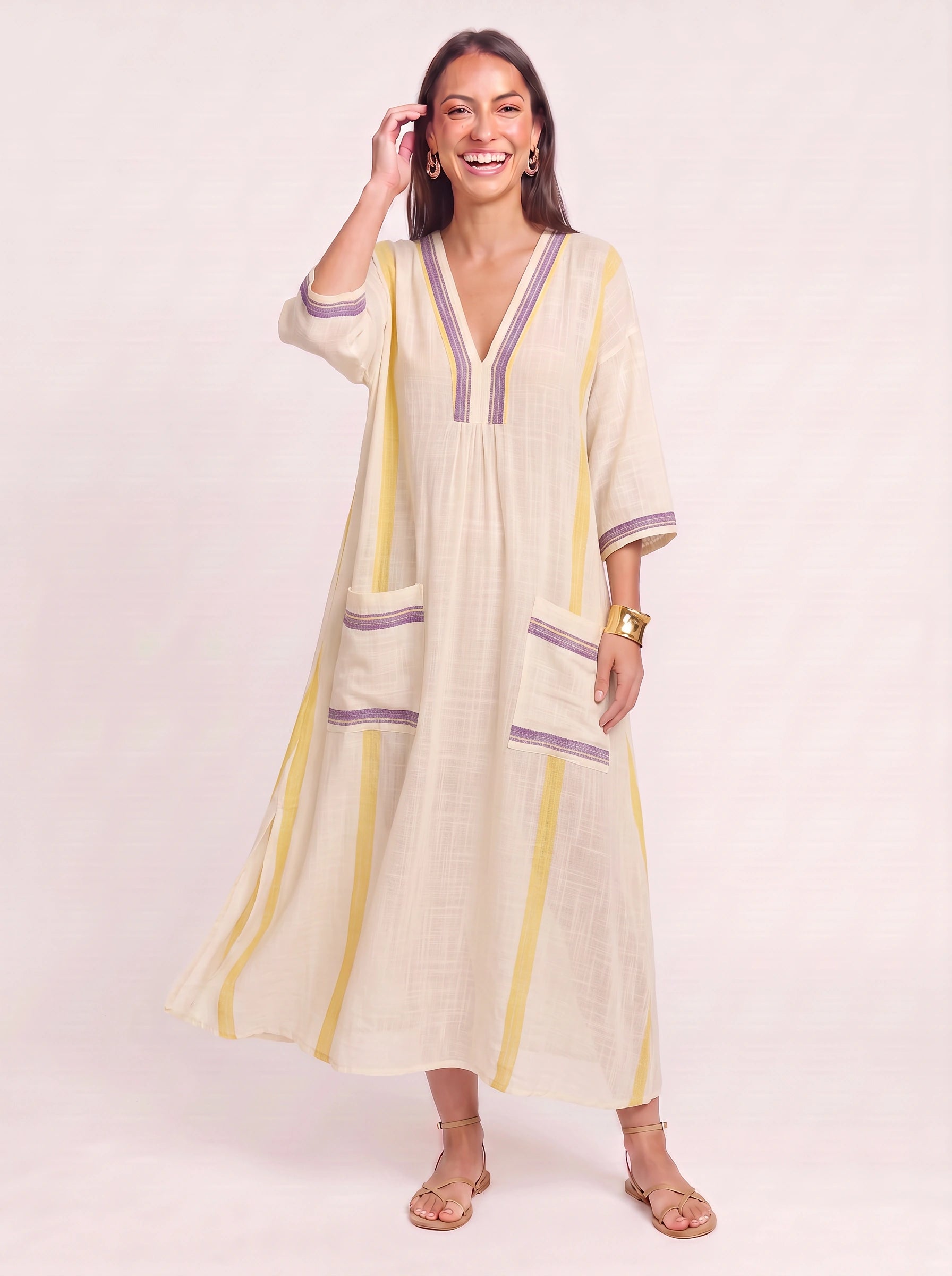 Raynea Striped V-Neck Kaftan Maxi Dress – Beach Cover Up Women Swimsuit Cover Ups Beachwear Caftan Maxi Dress