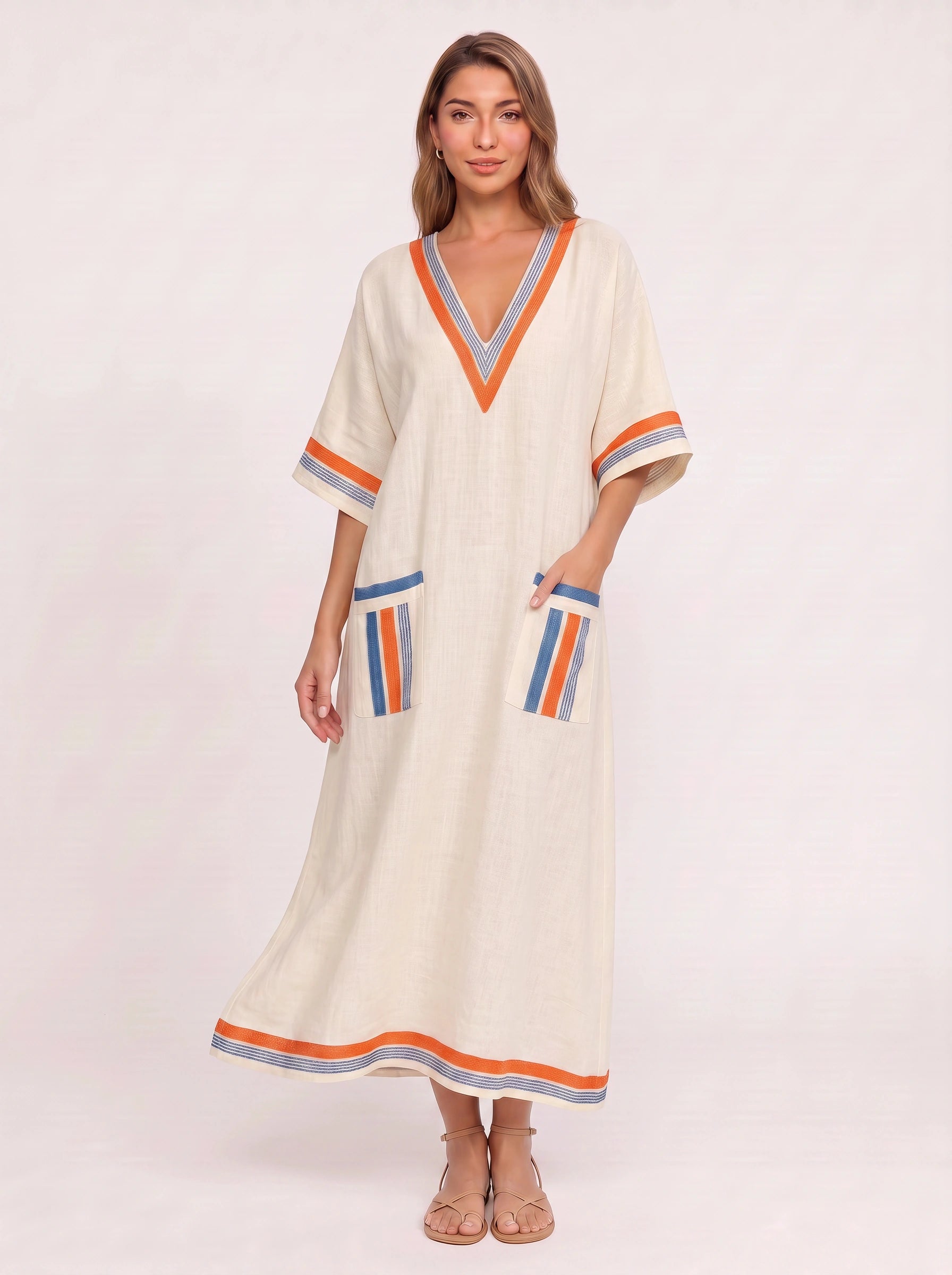 Kyranthe Striped Kaftan Maxi Dress – Boho Maxi Dress Women Beach Vacation Bohemian Style Caftan Resort Coverup