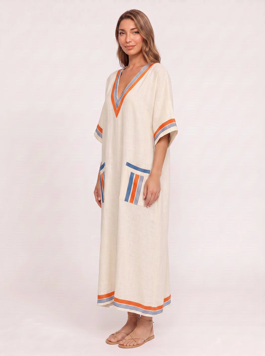 Robe longue caftan rayée Kyranthe – robe longue bohème pour femme, paréo caftan pour la plage et les vacances