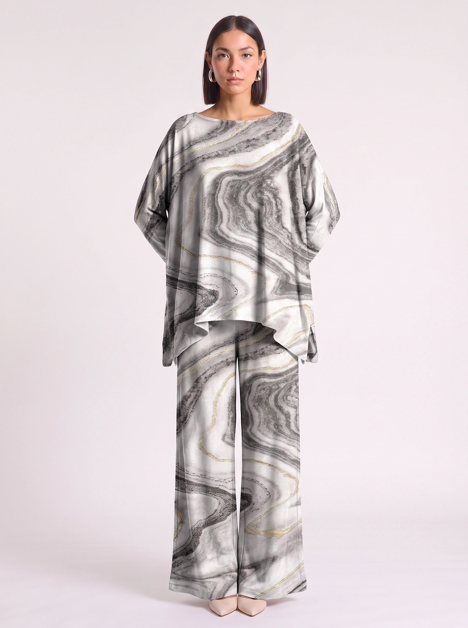 Marbré Oversized Tunic Wide-Leg Pants Co-Ord Set – Women Two Piece Summer Lounge Matching Maxi Outfit