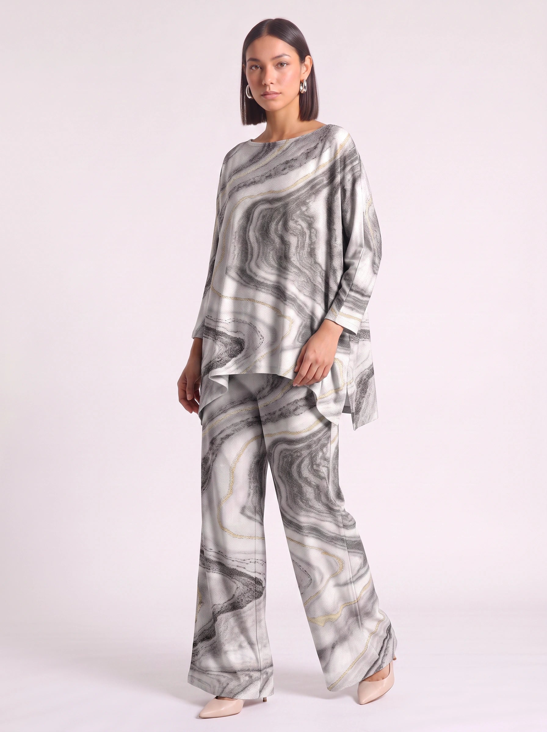 Marbré Oversized Tunic Wide-Leg Pants Co-Ord Set – Women Two Piece Summer Lounge Matching Maxi Outfit