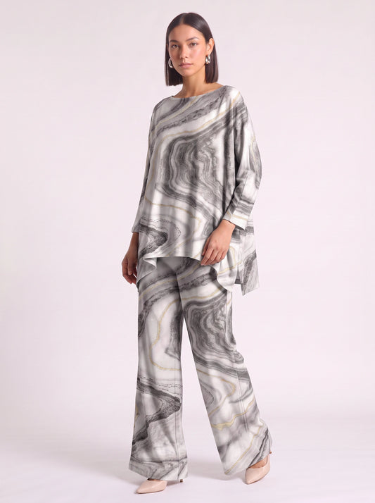 Marbré Oversized Tunic Wide-Leg Pants Co-Ord Set – Women Two Piece Summer Lounge Matching Maxi Outfit