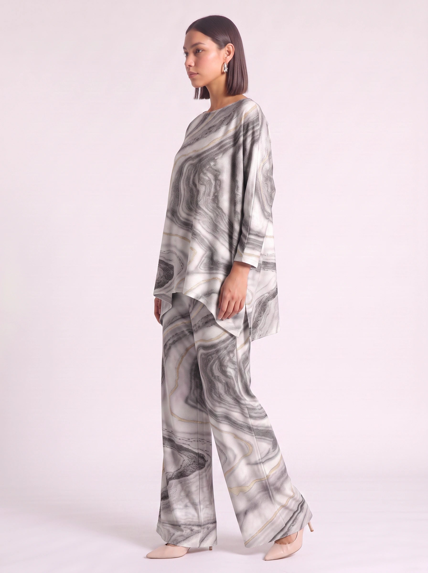 Marbré Oversized Tunic Wide-Leg Pants Co-Ord Set – Women Two Piece Summer Lounge Matching Maxi Outfit