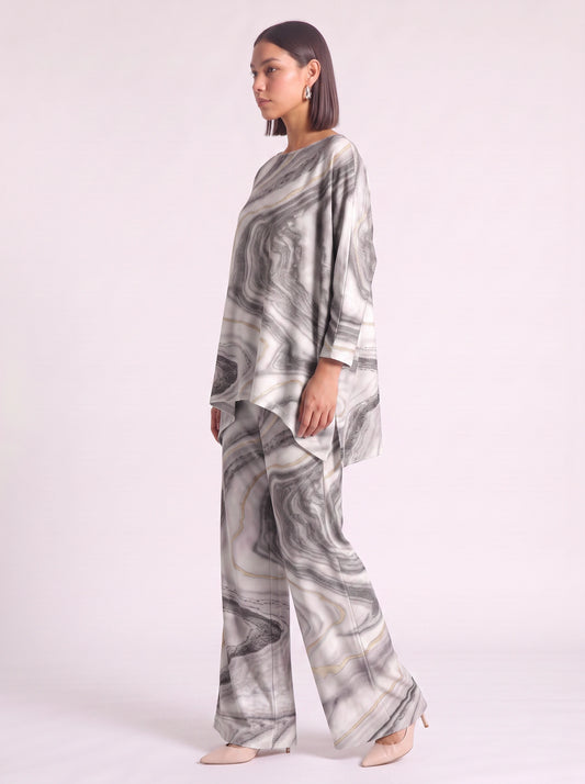 Marbré Oversized Tunic Wide-Leg Pants Co-Ord Set – Women Two Piece Summer Lounge Matching Maxi Outfit