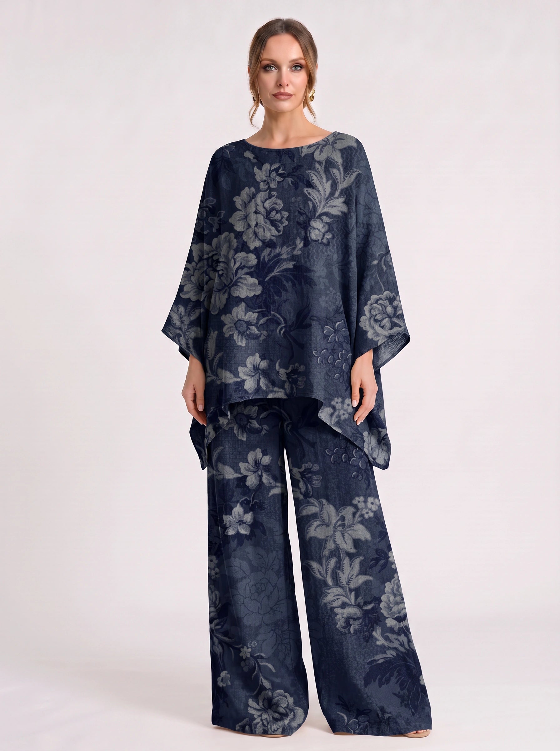 Hélène Floral Poncho Wide-Leg Pants Set – Poncho Women Clothing Printed Lounge Two-Piece Co-Ord Set