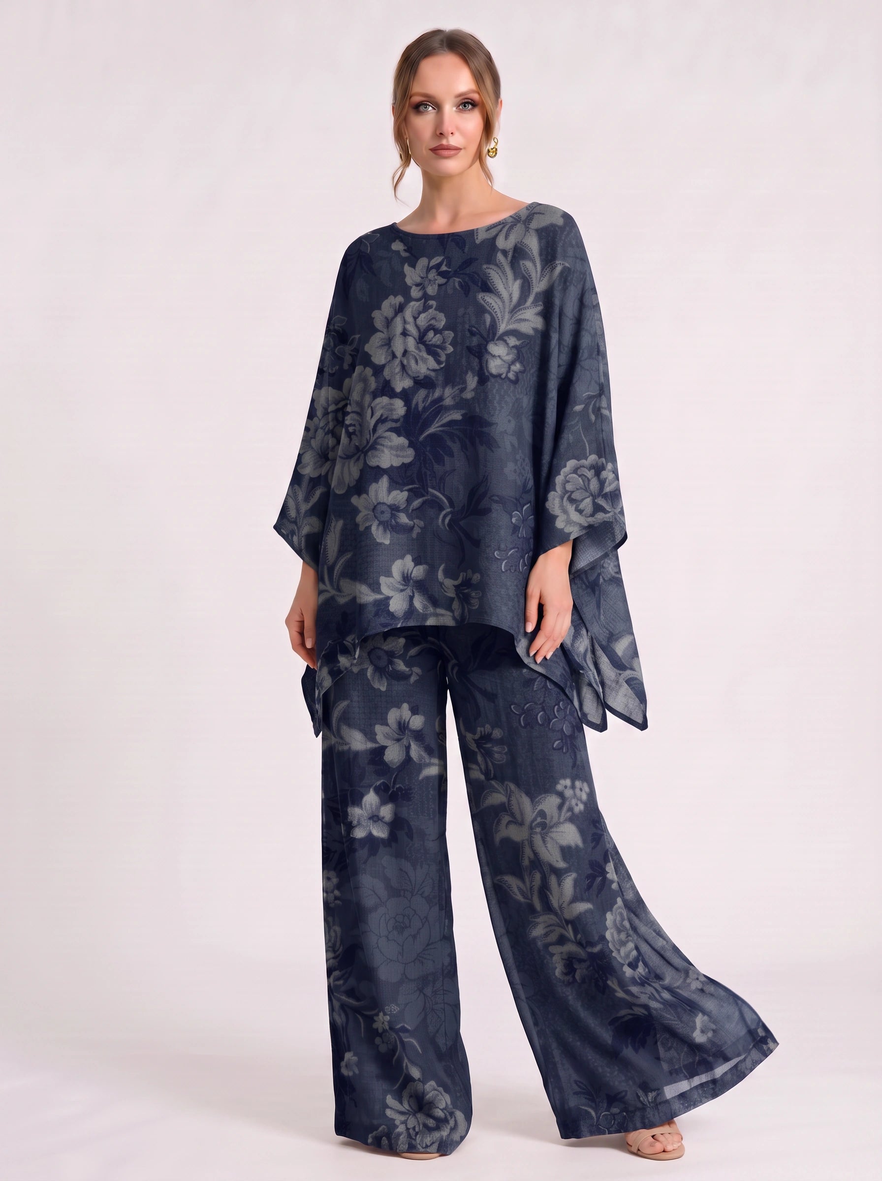 Hélène Floral Poncho Wide-Leg Pants Set – Poncho Women Clothing Printed Lounge Two-Piece Co-Ord Set